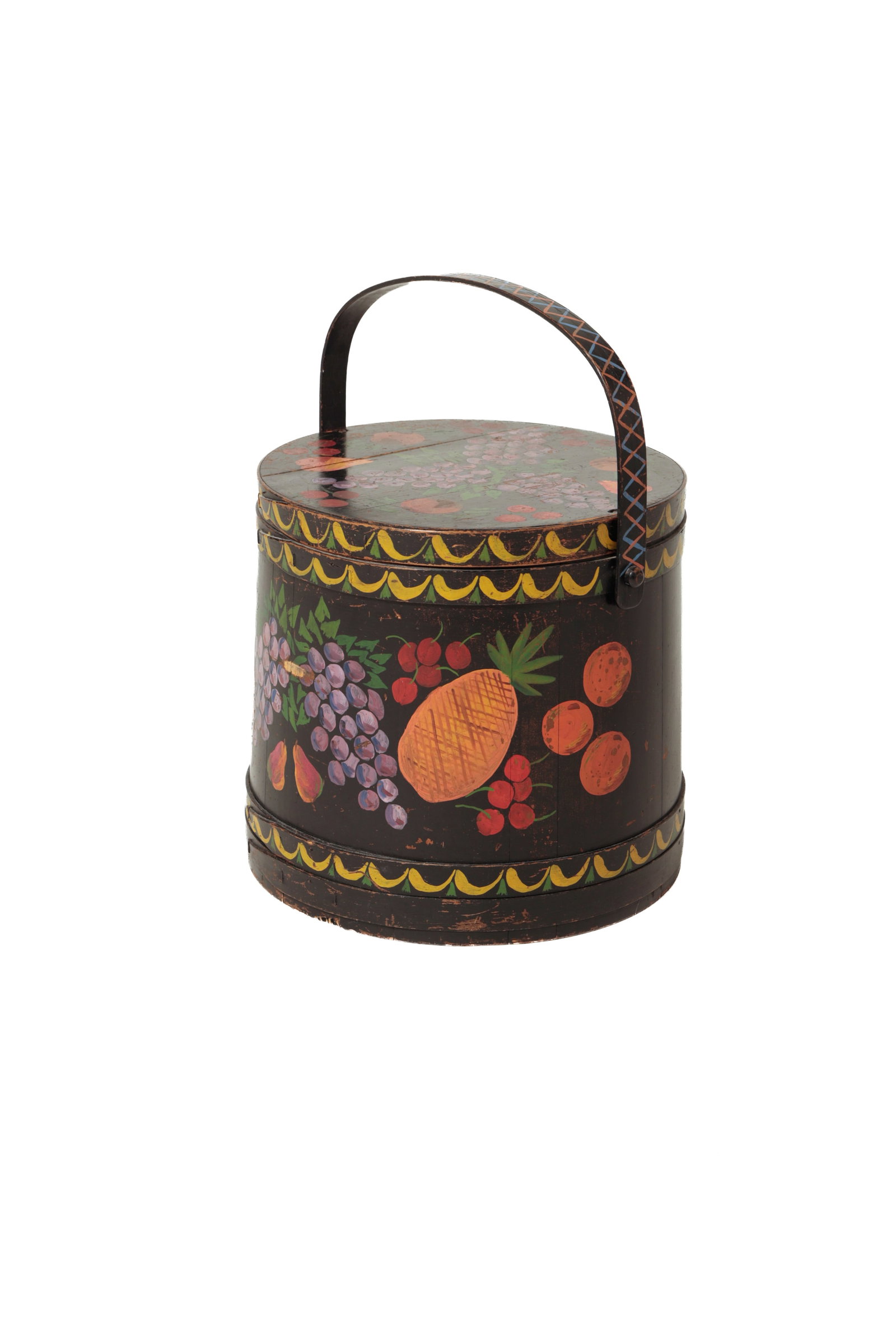 PAINT-DECORATED FIRKIN.: PAINT-DECORATED FIRKIN. American, late 19th Century. Stave-constructed with bale handle and hoops with finger joints. Later black paint, colorful fruit and swag decoration. 14"h.