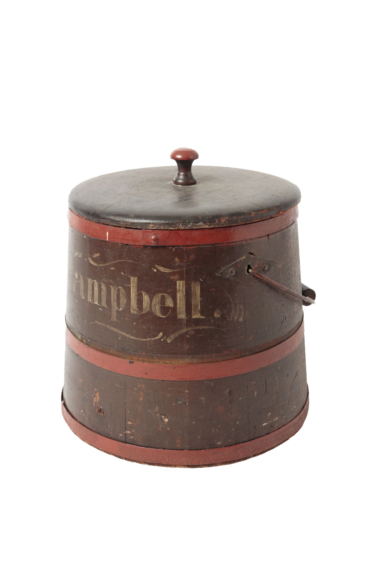 LIDDED AND STENCILED "J.W. CAMPBELL" SUGAR BUCKET.: LIDDED AND STENCILED "J.W. CAMPBELL" SUGAR BUCKET. American, 19th Century. Stave-constructed bucket, metal bands, single-board lid with turned knob finial, and a wire bale handle. Black ground with