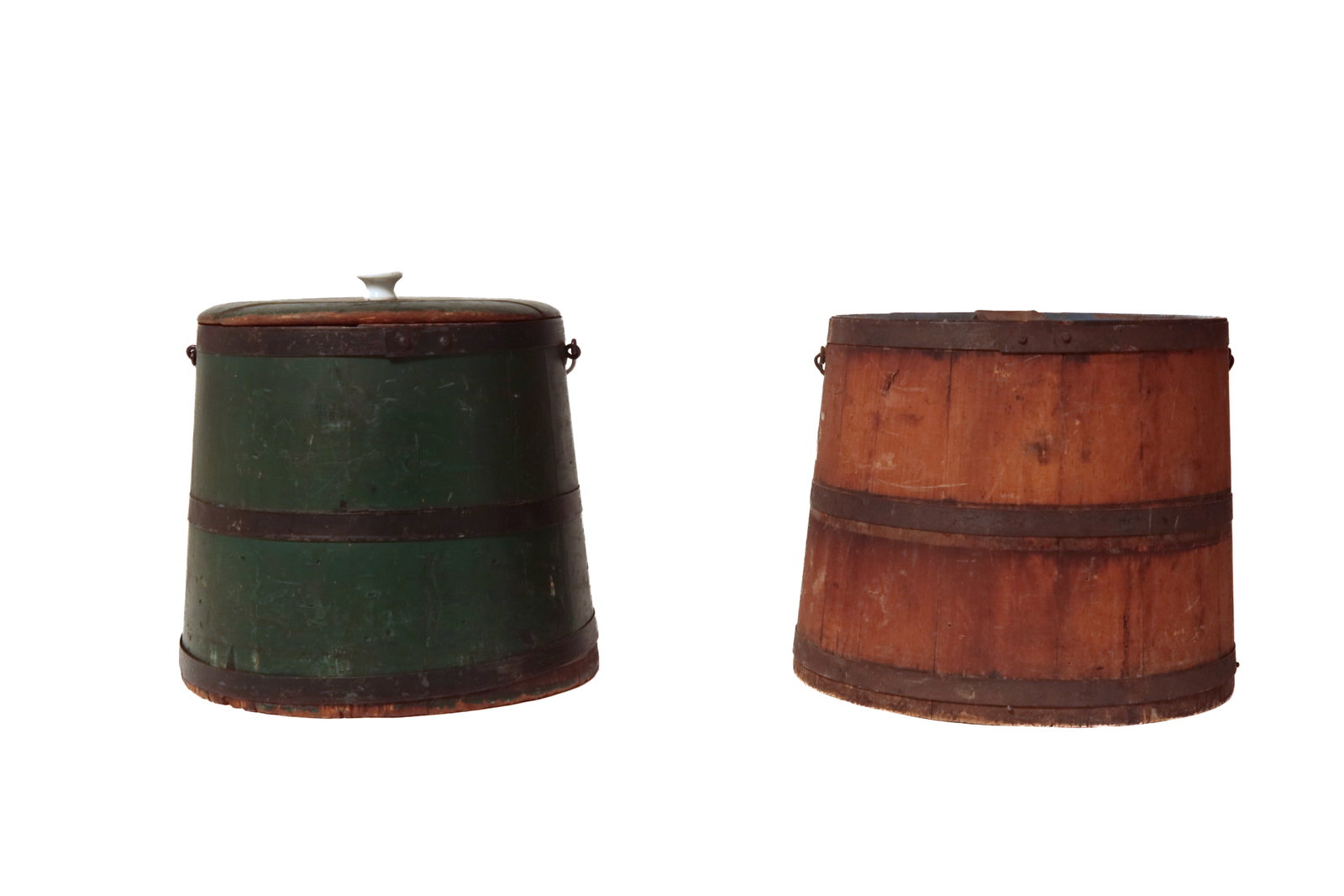 TWO STAVED BUCKETS IN ORIGINAL PAINT. - 2