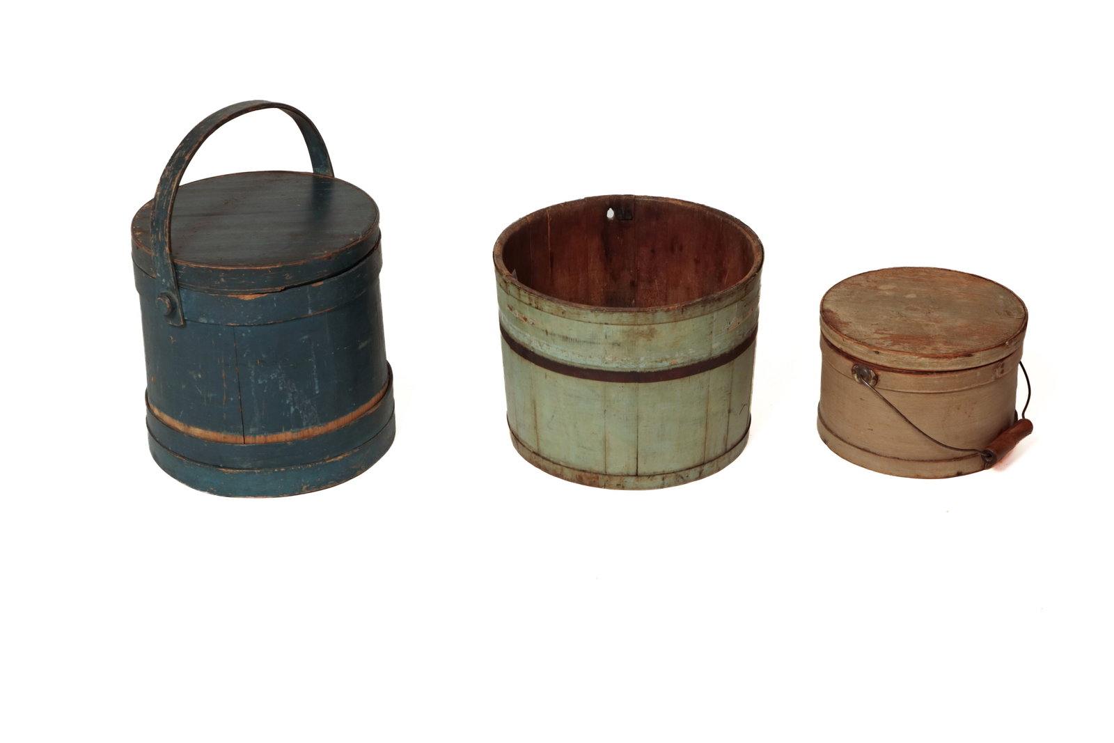 THREE WOODEN CONTAINERS IN ORIGINAL PAINT, INCL. FIRKIN. (1 of 9)