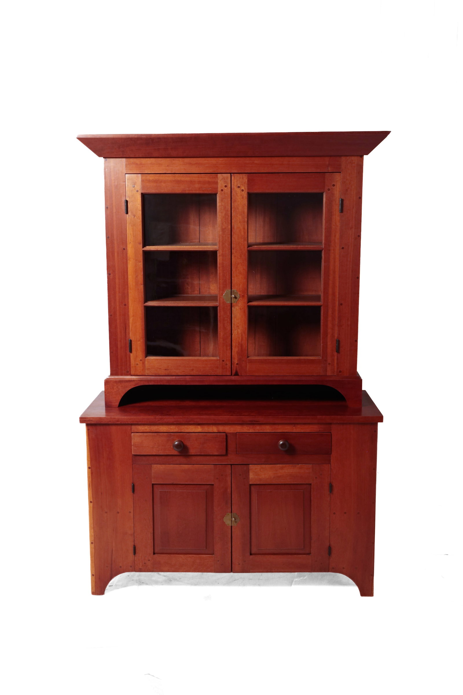 CHERRY STEPBACK CUPBOARD.: CHERRY STEPBACK CUPBOARD. American, mid- 19th Century. Poplar secondary. In two pieces. Top with applied beveled cornice, two four-pane glass doors, and cut-out pie shelf. Base with two dovetailed