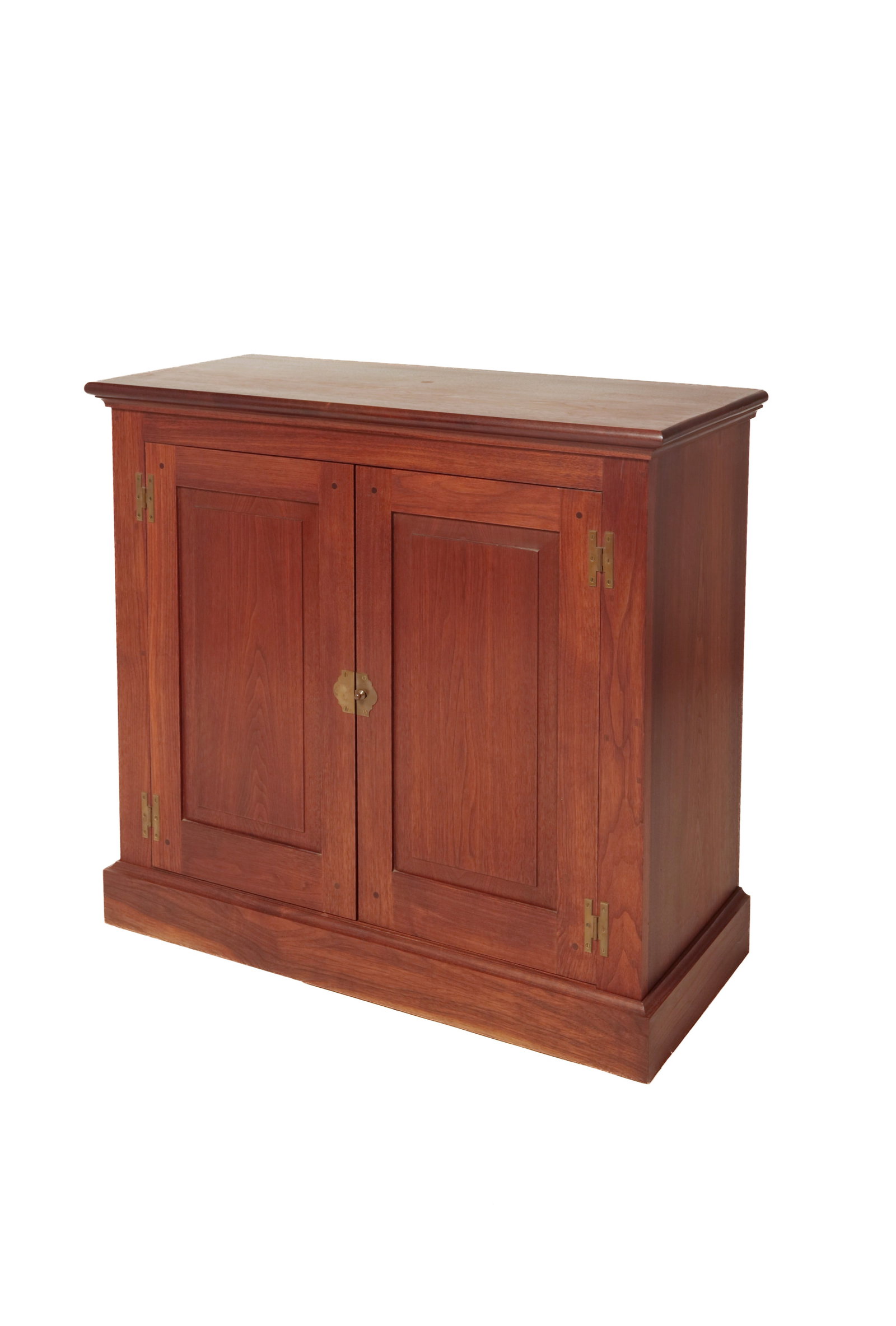 CUPBOARD TOP AND BASE.: CUPBOARD TOP AND BASE. American, mid- 19th Century. Cherry top with beveled stepped cornice and two panel doors. 37"h. 45.25"w. 14"l. And a walnut base, top with rounded edge, applied moldings at top