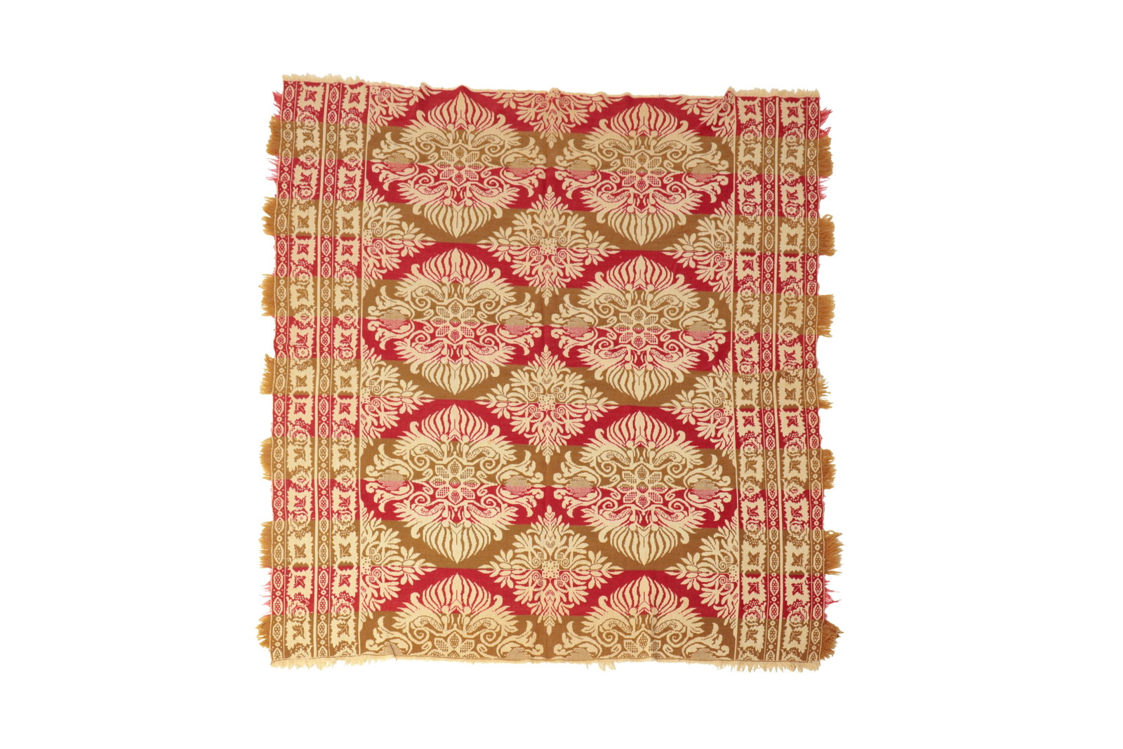 TWO JACQUARD COVERLETS.: TWO JACQUARD COVERLETS. American, 19th Century. One in olive green, red, and cream with a central field of stylized floral and foliate motifs within stylized foliate and geometric borders. Fringed.