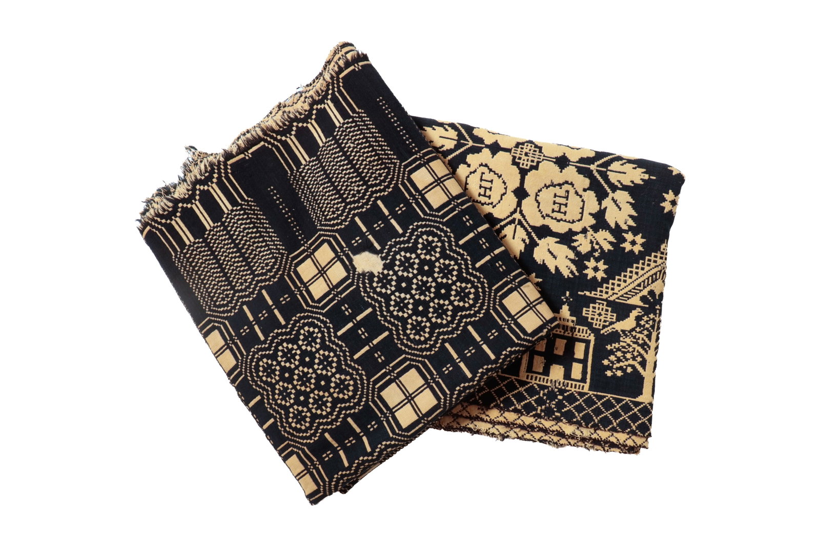 TWO BLUE AND WHITE COVERLETS, INCL. ONE BY KATHARINE CROSBY, DATED 1838.: TWO BLUE AND WHITE COVERLETS, INCL. ONE BY KATHARINE CROSBY, DATED 1838. American mid- 19th Century. Jacquard coverlet having a center seam, with central field of diamond and floral medallions with