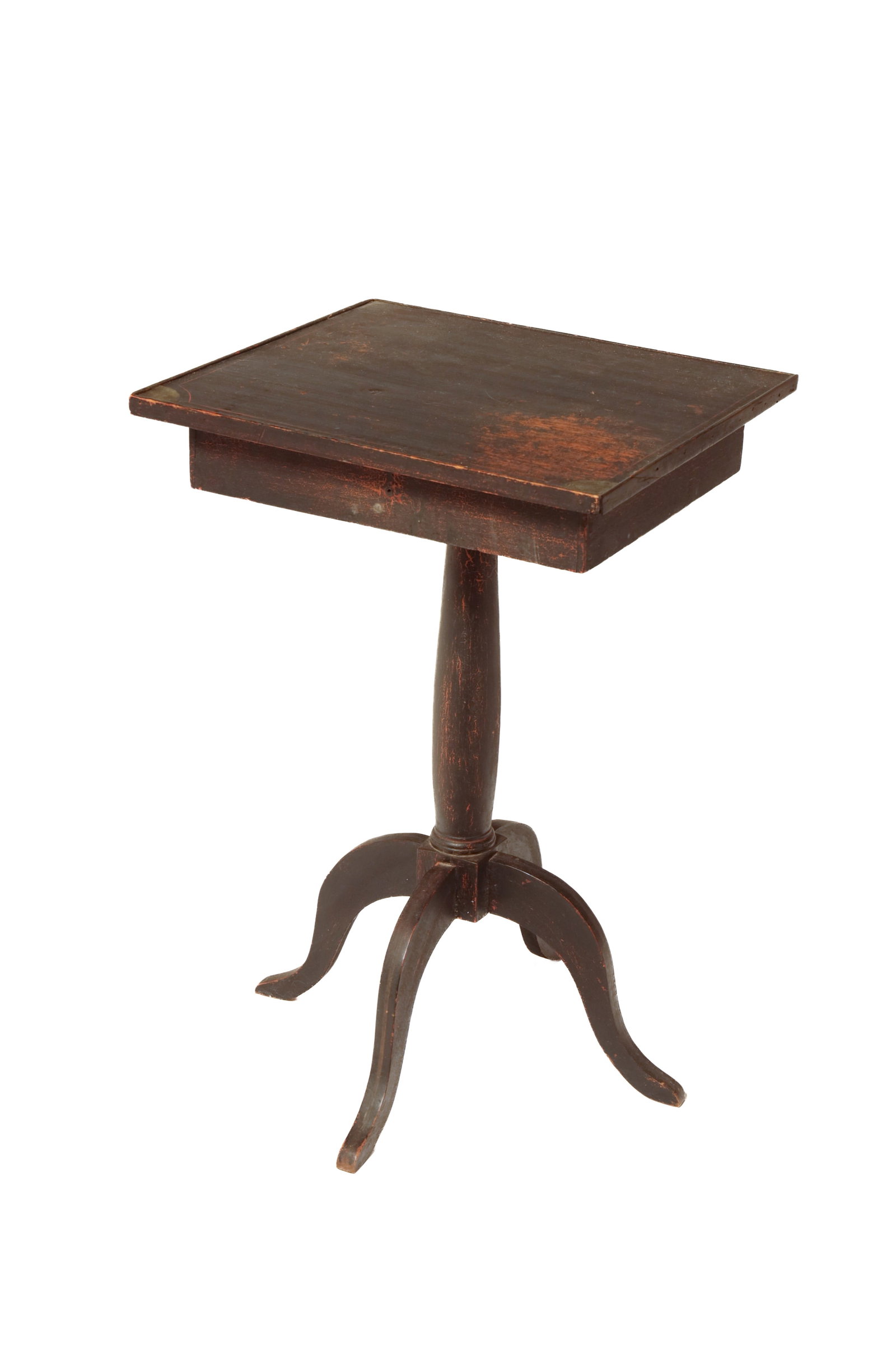SHERATON LIFT-TOP CANDLESTAND.: SHERATON LIFT-TOP CANDLESTAND. American, 19th Century. Square one board top with applied edge moldings, central turned standard, and similar legs. In a distressed black paint. 27"h. 18"w.