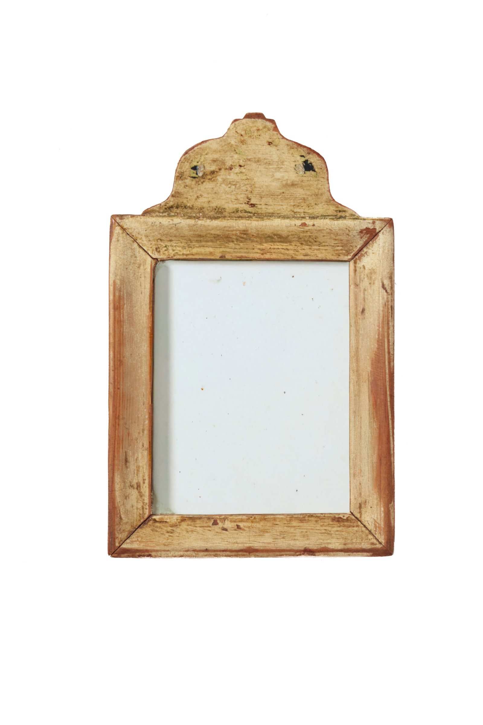 DIMINUTIVE QUEEN ANNE MIRROR.: DIMINUTIVE QUEEN ANNE MIRROR. American, 18th Century. A crested rectangular framed mirror with worn cream paint and old glass. Traces of green paint at top. 8.75"h. 5.75"w. Provenance: Nancy Goff