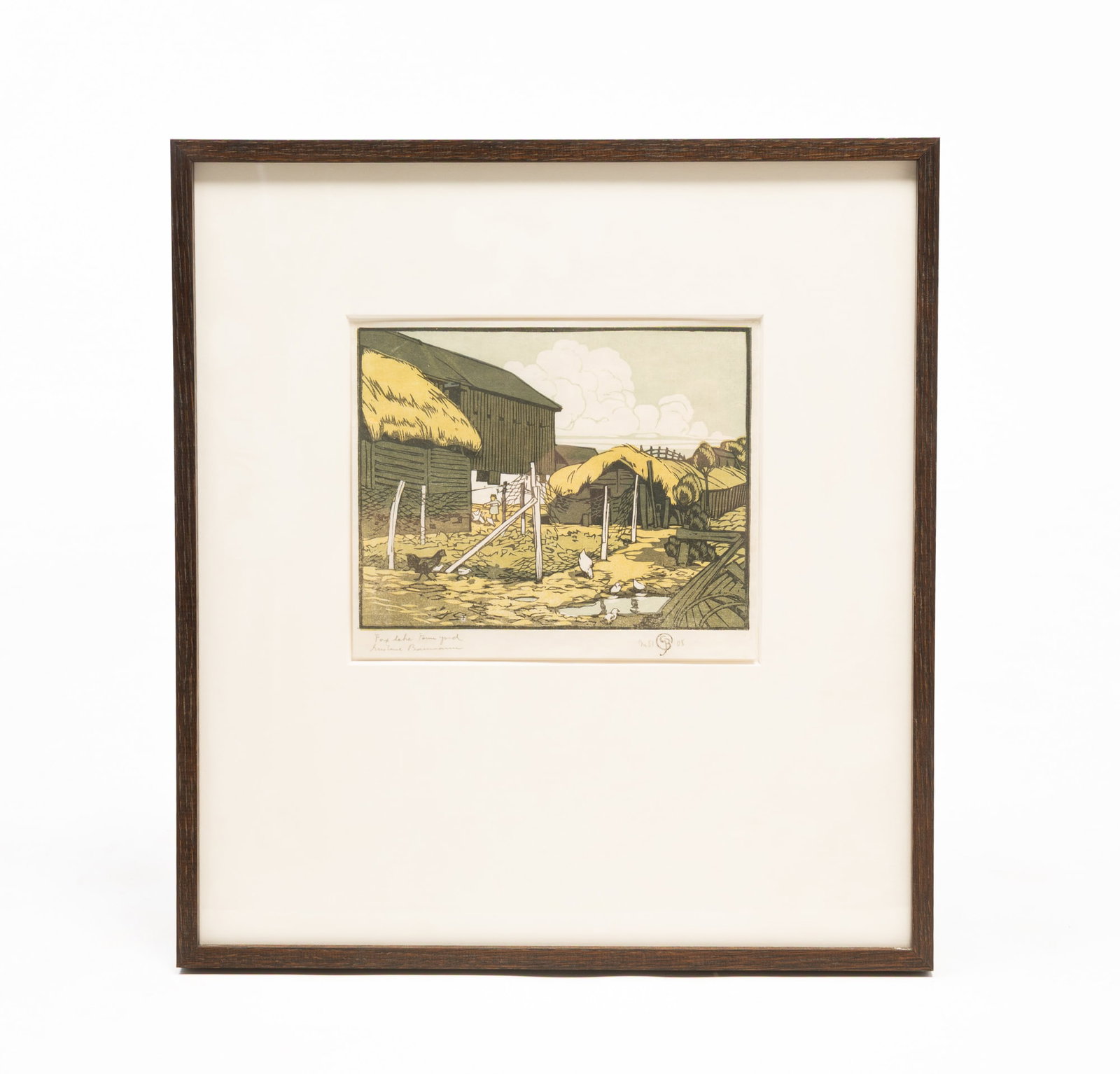GUSTAVE BAUMANN (GERMAN-AMERICAN, 1881-1971) "FOX LAKE FARM YARD" COLOR WOODCUT, DATED 1908. (1 of 5)