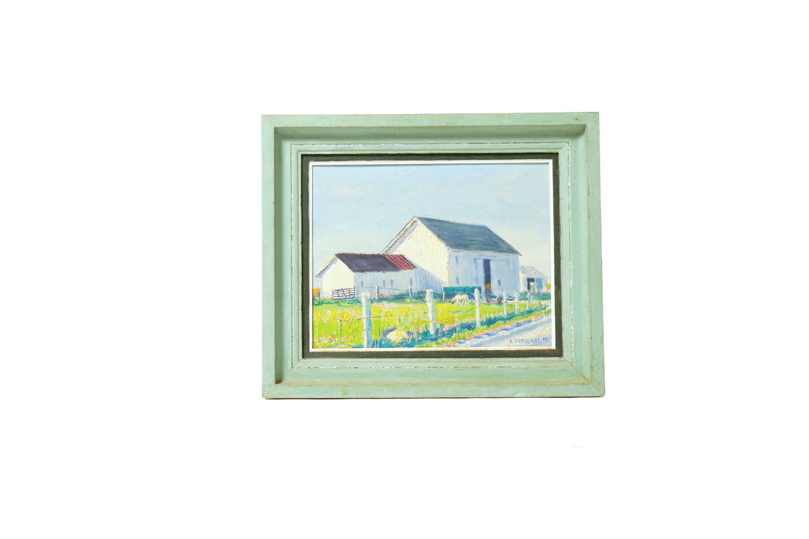 EMERSON BURKHART (OHIO, 1905 - 1969) OIL ON CANVAS FARM SCENE, DATED 1957.: EMERSON BURKHART (OHIO, 1905 - 1969) OIL ON CANVAS FARM SCENE, DATED 1957. American. Signed and dated lower right. A scene of a large white barn, a fenced-in yard, with a horse, under a blue sky. 14"h