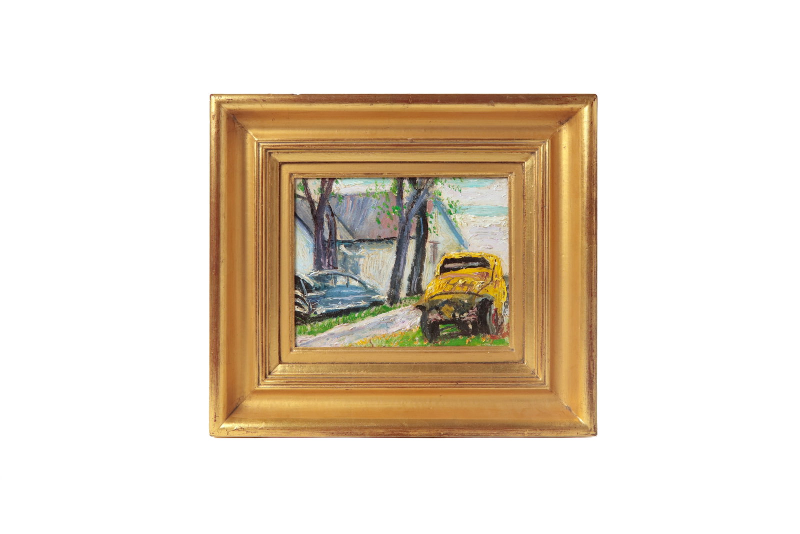 EMERSON BURKHART (OHIO, 1905 - 1969) OIL ON CANVAS OF OLD CARS NEAR A HOUSE, DATED 1958.: EMERSON BURKHART (OHIO, 1905 - 1969) OIL ON CANVAS OF OLD CARS NEAR A HOUSE, DATED 1958. American. Signed to back. In a heavy palette, a blue car and a yellow car near the road next to a house. 8"h. 1