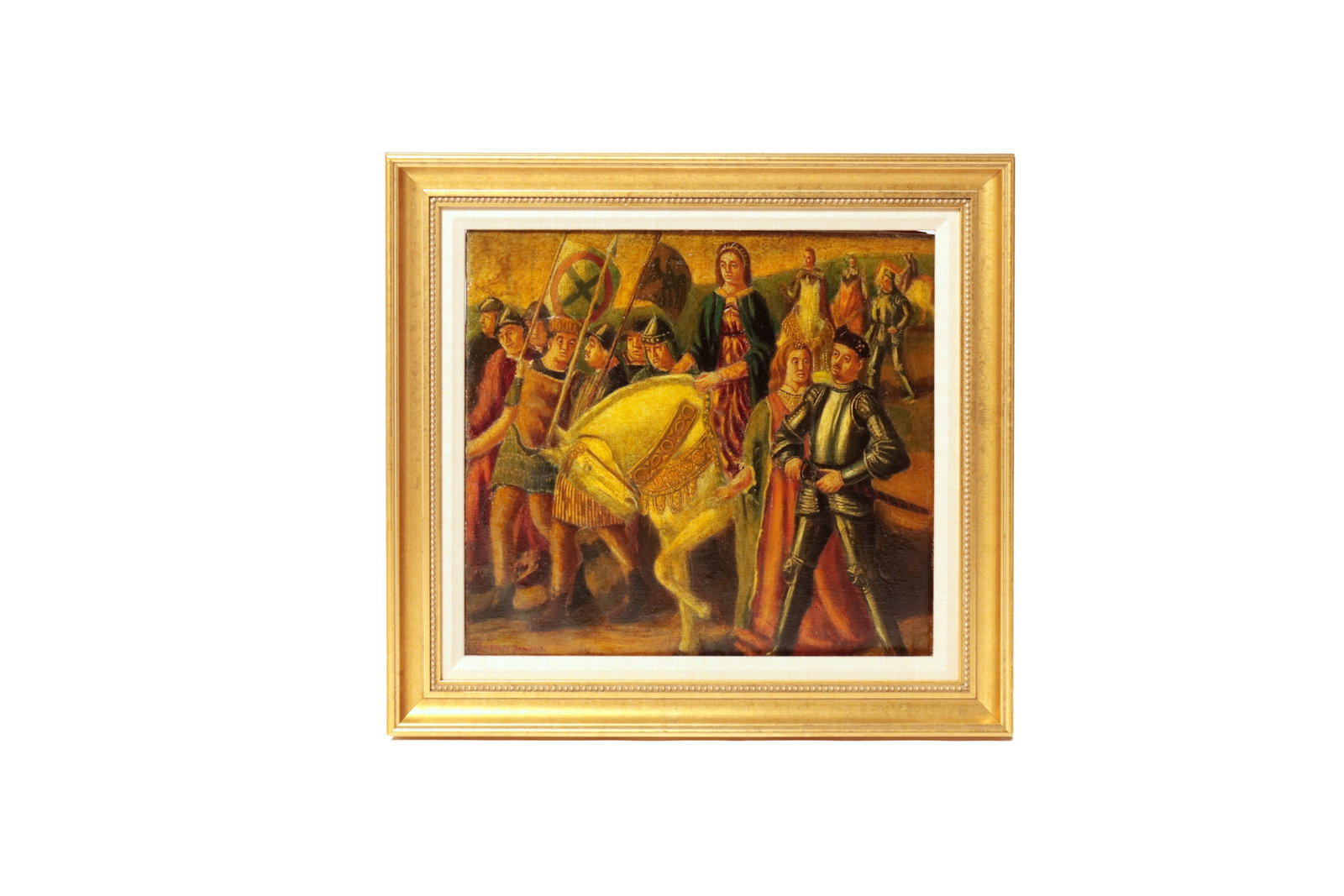 EMERSON BURKHART (OHIO, 1905 - 1969) "IN DAYS OF OLD" OIL ON CANVAS, DATED 1938.: EMERSON BURKHART (OHIO, 1905 - 1969) "IN DAYS OF OLD" OIL ON CANVAS, DATED 1938. American. Signed to bottom left. Depiction of a historical or medieval gathering with people in armor, a lady on horseb