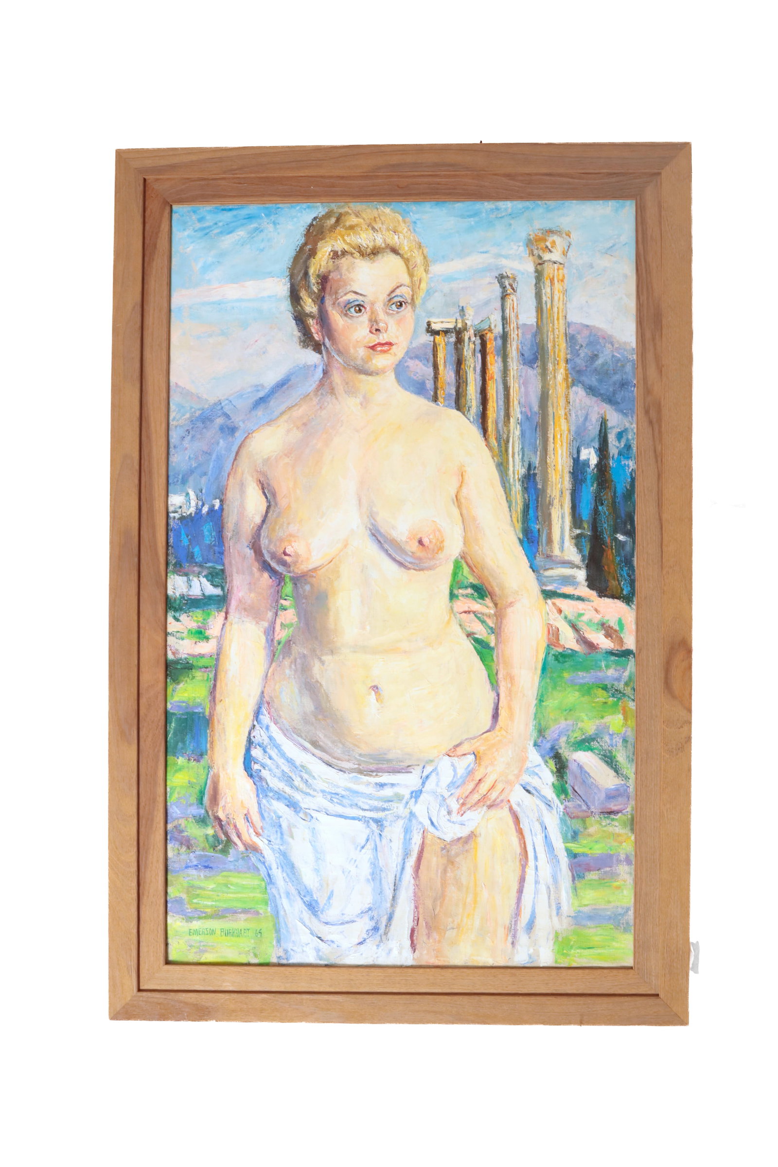 EMERSON BURKHART (OHIO, 1905 - 1969) OIL ON CANVAS OF A SEMINUDE FEMALE.: EMERSON BURKHART (OHIO, 1905 - 1969) OIL ON CANVAS OF A SEMINUDE FEMALE. American, 20th Century. Signed lower left. Depicting a topless woman wearing a sheet around her waist, her blonde hair in a sho