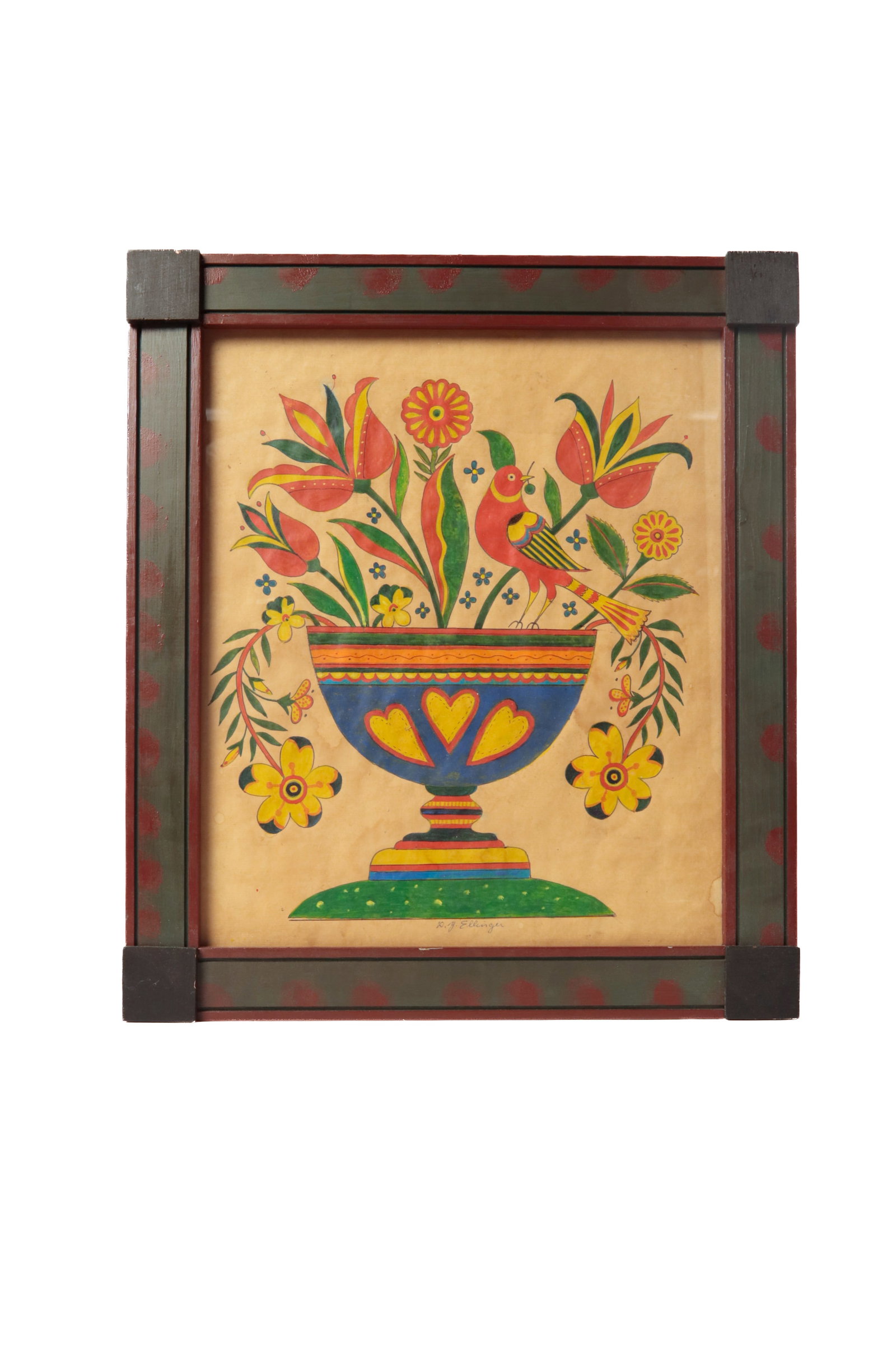 DAVID Y. ELLINGER (PENNSYLVANIA, 1913 - 2003) FOLK ART WATERCOLOR OF AN URN WITH BIRDS. (1 of 4)