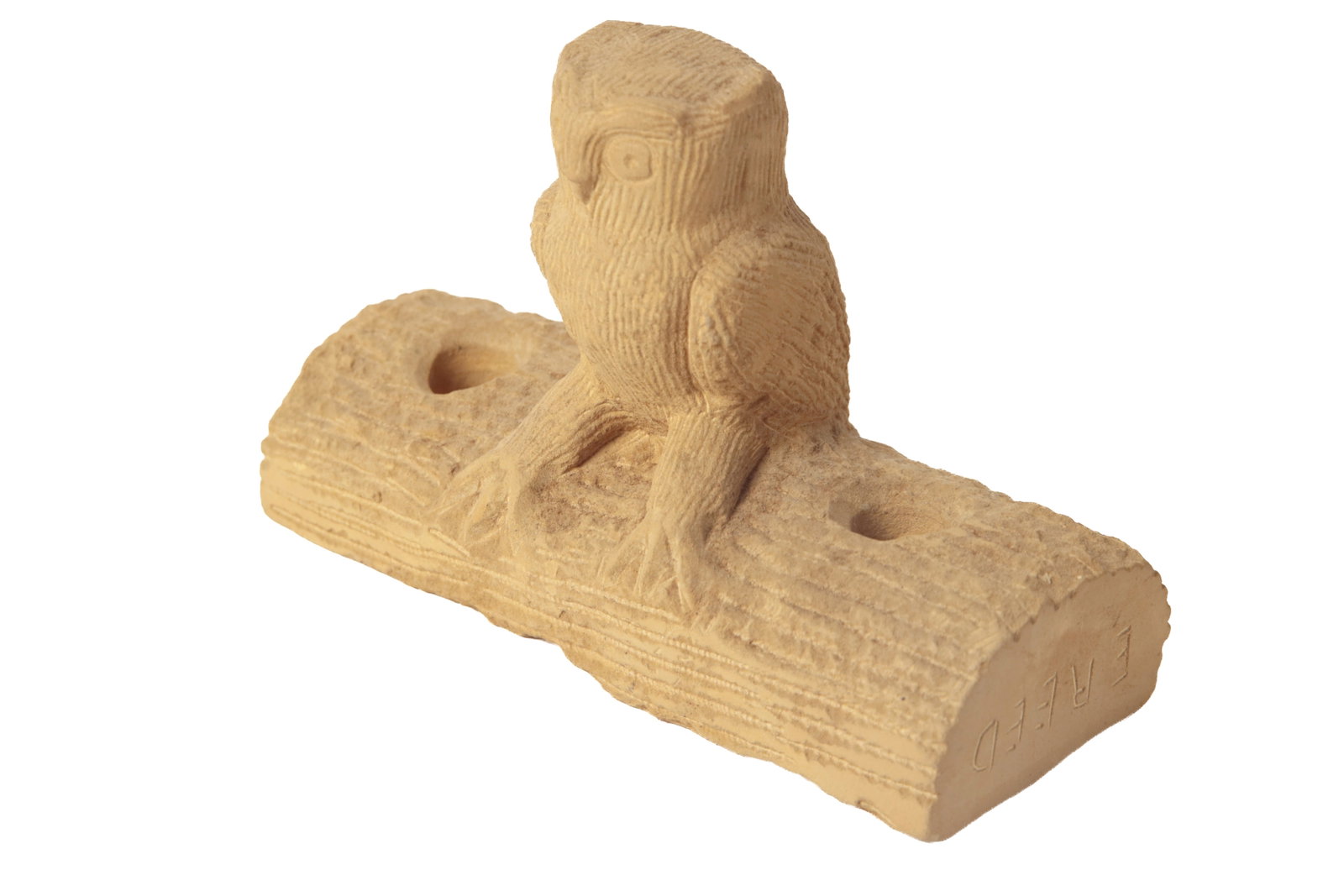 ERNEST "POPEYE" REED (OHIO, 1919-1985) FOLK ART CARVED STONE OWL ON LOG SCULPTURE. (1 of 8)