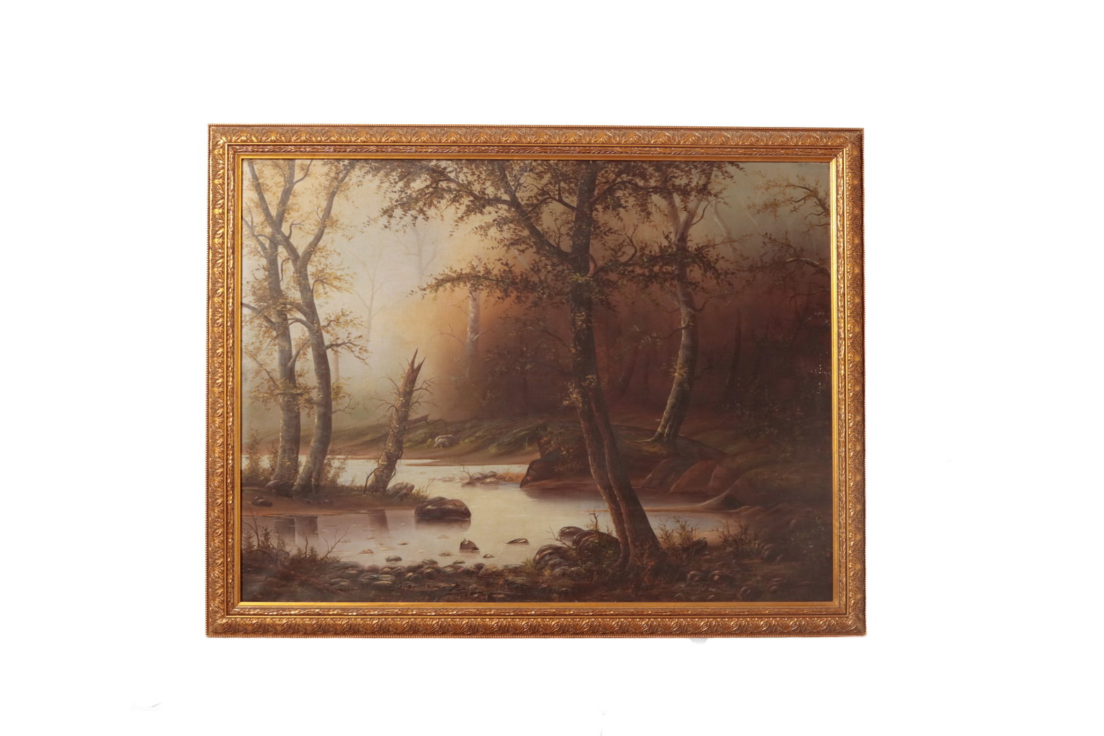 LARGE OIL ON CANVAS FORESTSCAPE WITH STREAM.: LARGE OIL ON CANVAS FORESTSCAPE WITH STREAM. American, third quarter 19th Century. Well composed scene with spring trees in leaf and a rocky stream, signed illegibly at lower right. 30"h. 40"w. In a c