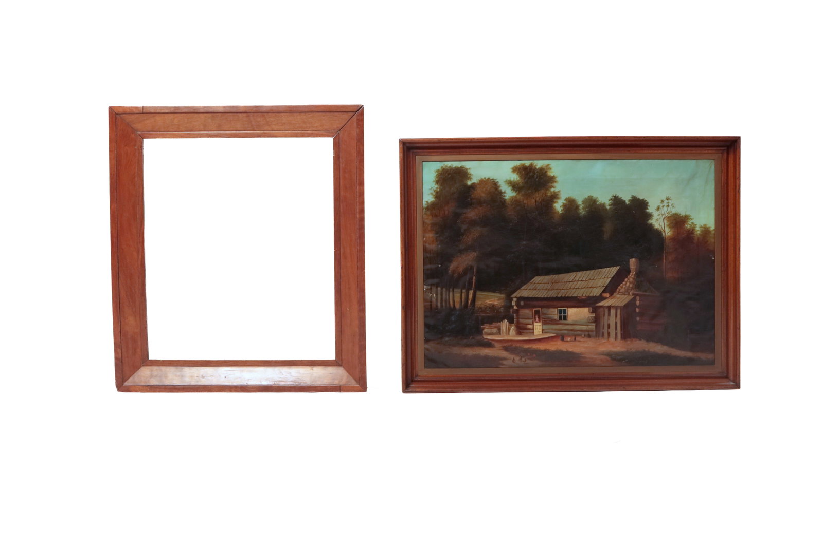 LARGE OIL ON CANVAS FOREST SCENE WITH LOG CABIN AND A FRAME. (1 of 4)