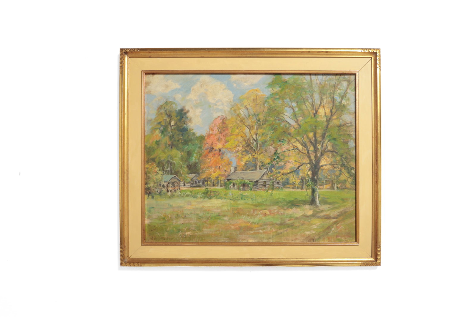 RAYMOND THOMAS MASTON (AMERICAN) OIL ON BOARD LANDSCAPE.: RAYMOND THOMAS MASTON (AMERICAN) OIL ON BOARD LANDSCAPE. 20th Century. Signed lower left. A vibrant rural landscape with cabins and trees under a blue sky. 24"h. 30"w. In a painted frame, 30.5"h. 36.6