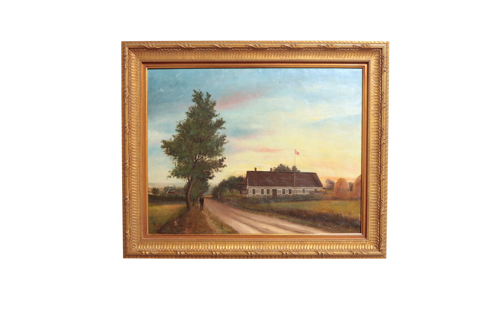 DANISH OIL ON CANVAS OF A HOUSE AND COUNTRY ROAD.: DANISH OIL ON CANVAS OF A HOUSE AND COUNTRY ROAD. European, late 19th Century. Depicting a traditional European longhouse surrounded by flowers with a Swedish flag flying in front, next to a dirt road