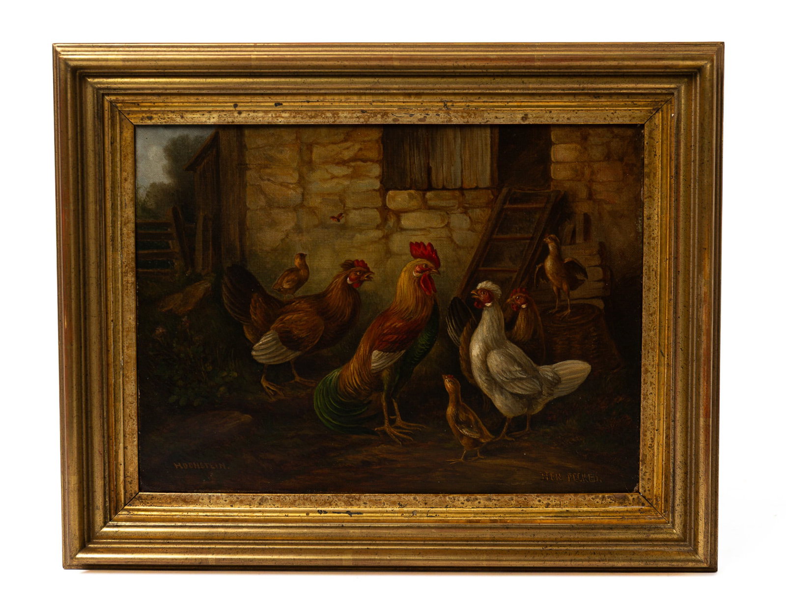 ANTHONY HOCHSTEIN (GERMAN-AMERICAN, 1823 - 1909) "HEN PECKED" OIL ON CANVAS.: ANTHONY HOCHSTEIN (GERMAN-AMERICAN, 1823 - 1909) "HEN PECKED" OIL ON CANVAS. 19th Century. Oil on canvas. Depicting the outside of a chicken coop with multiple hens and a rooster at the foot of the la