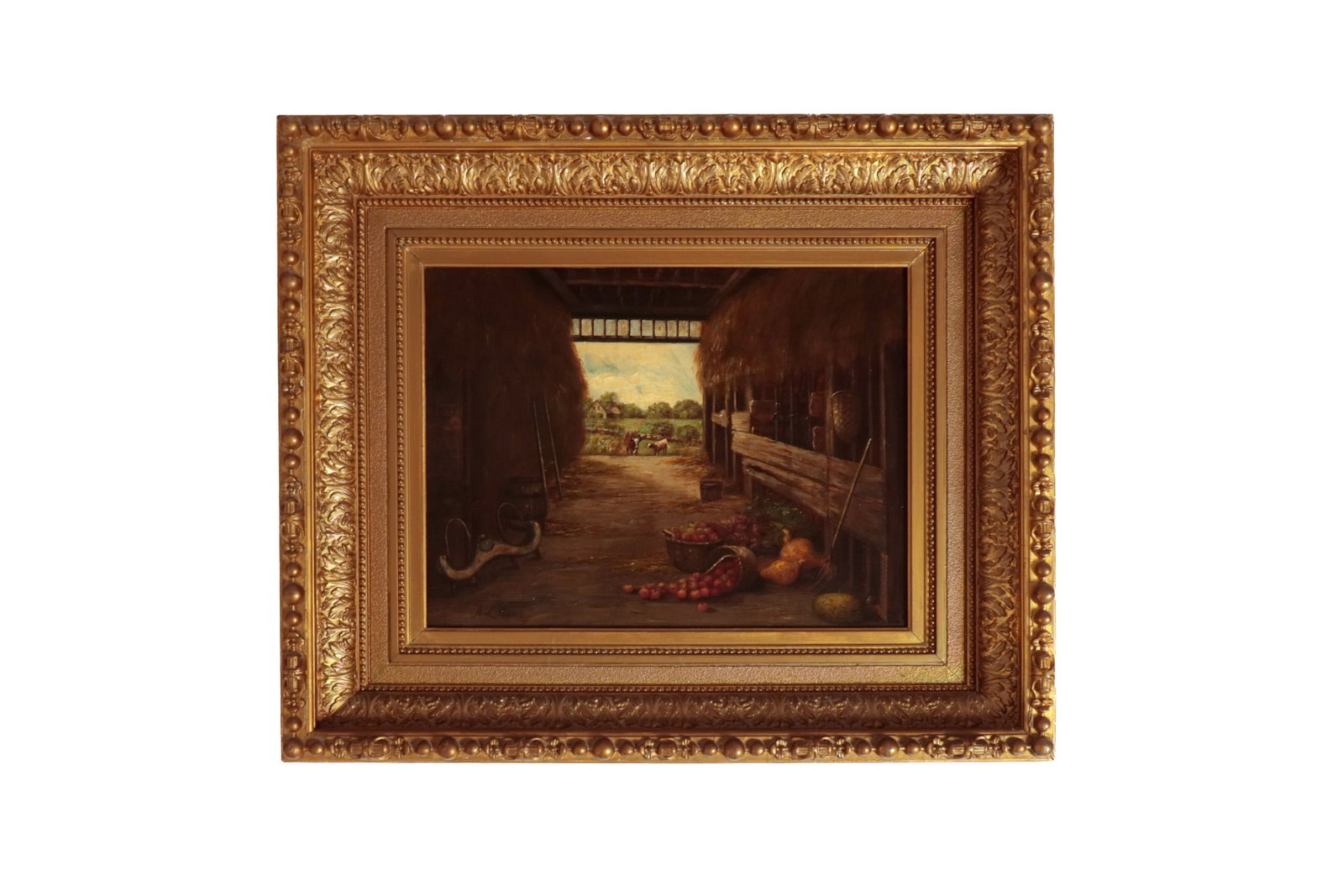 OIL ON CANVAS OF AN INTERIOR BARN SCENE, SIGNED A.L. COX. (1 of 3)