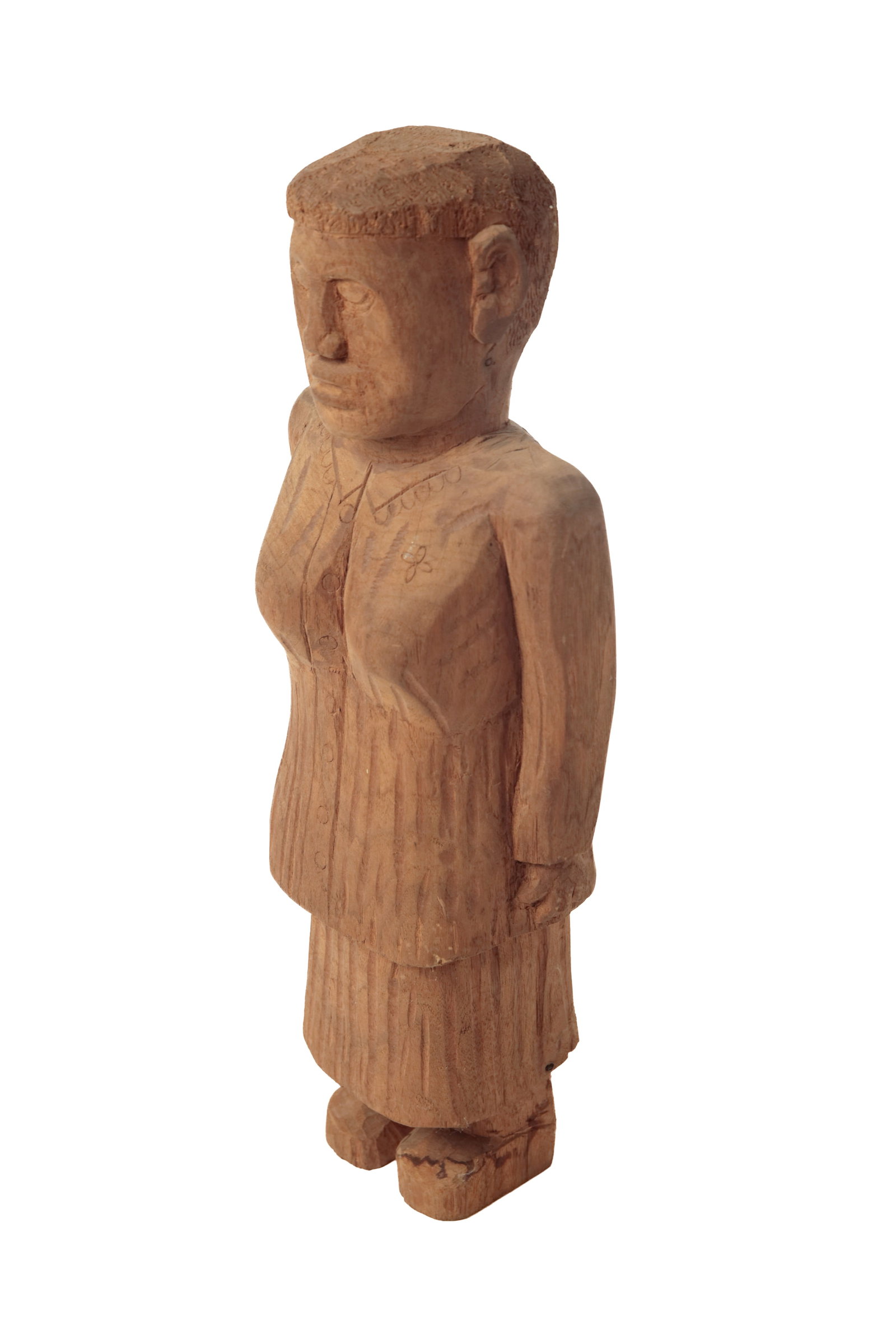 ERNEST "POPEYE" REED (OHIO, 1919-1985) FOLK ART CARVED WOOD FIGURAL WOMAN SCULPTURE.: ERNEST "POPEYE" REED (OHIO, 1919-1985) FOLK ART CARVED WOOD FIGURAL WOMAN SCULPTURE. American, 20th Century. Likely an African American woman with short textured hair, standing with her arms at her si