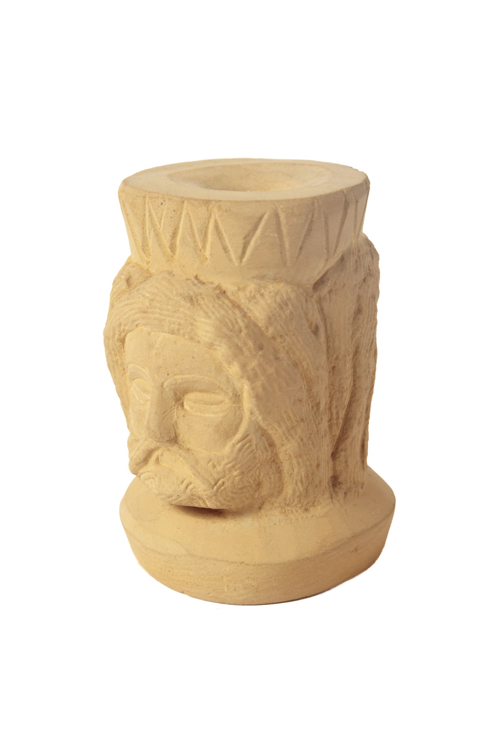 ERNEST "POPEYE" REED (OHIO, 1919-1985) FOLK ART CARVED STONE DIMINUTIVE DOUBLE-SIDED SCULPTURE.: ERNEST "POPEYE" REED (OHIO, 1919-1985) FOLK ART CARVED STONE DIMINUTIVE DOUBLE-SIDED SCULPTURE. American, 20th Century. Signed to front. Cylindrical form featuring a male bust to one side and a female