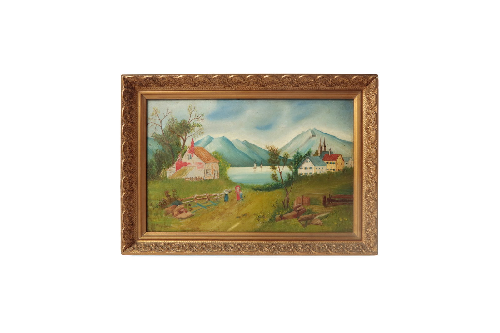 NAIVE OIL ON BOARD LANDSCAPE WITH VILLAGE.: NAIVE OIL ON BOARD LANDSCAPE WITH VILLAGE. European, 19th Century. Colorful depiction of a village on the banks of a lake with mountains in the background, a house and figures on a path in the foregro