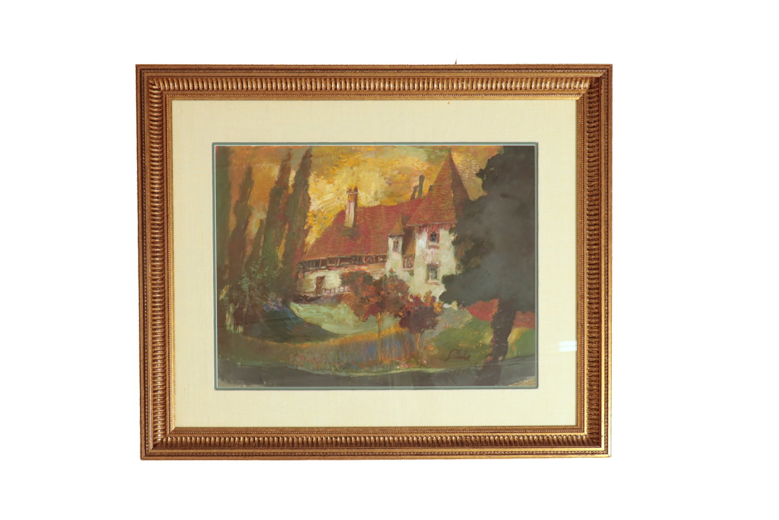 ACRYLIC ON HEAVY PAPER LANDSCAPE.: ACRYLIC ON HEAVY PAPER LANDSCAPE. European, 20th Century. A white stucco house with a high peaked roof, towers, and chimneys surrounded by trees. Signed lower right. In a contemporary frame. 28"h. 34"