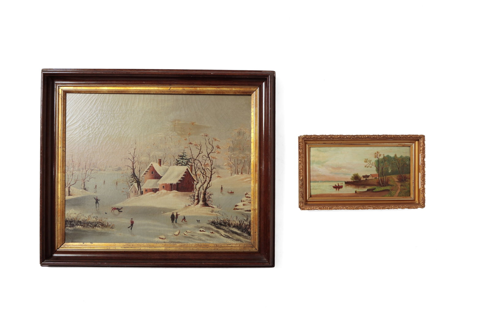 TWO OIL PAINTING LANDSCAPES.: TWO OIL PAINTING LANDSCAPES. American, second half 19th Century. The largest, on canvas, is a Winter lake scene with Ice skaters, cottage, bare trees, and village in background. 22.25"h. 27.25"w. In a