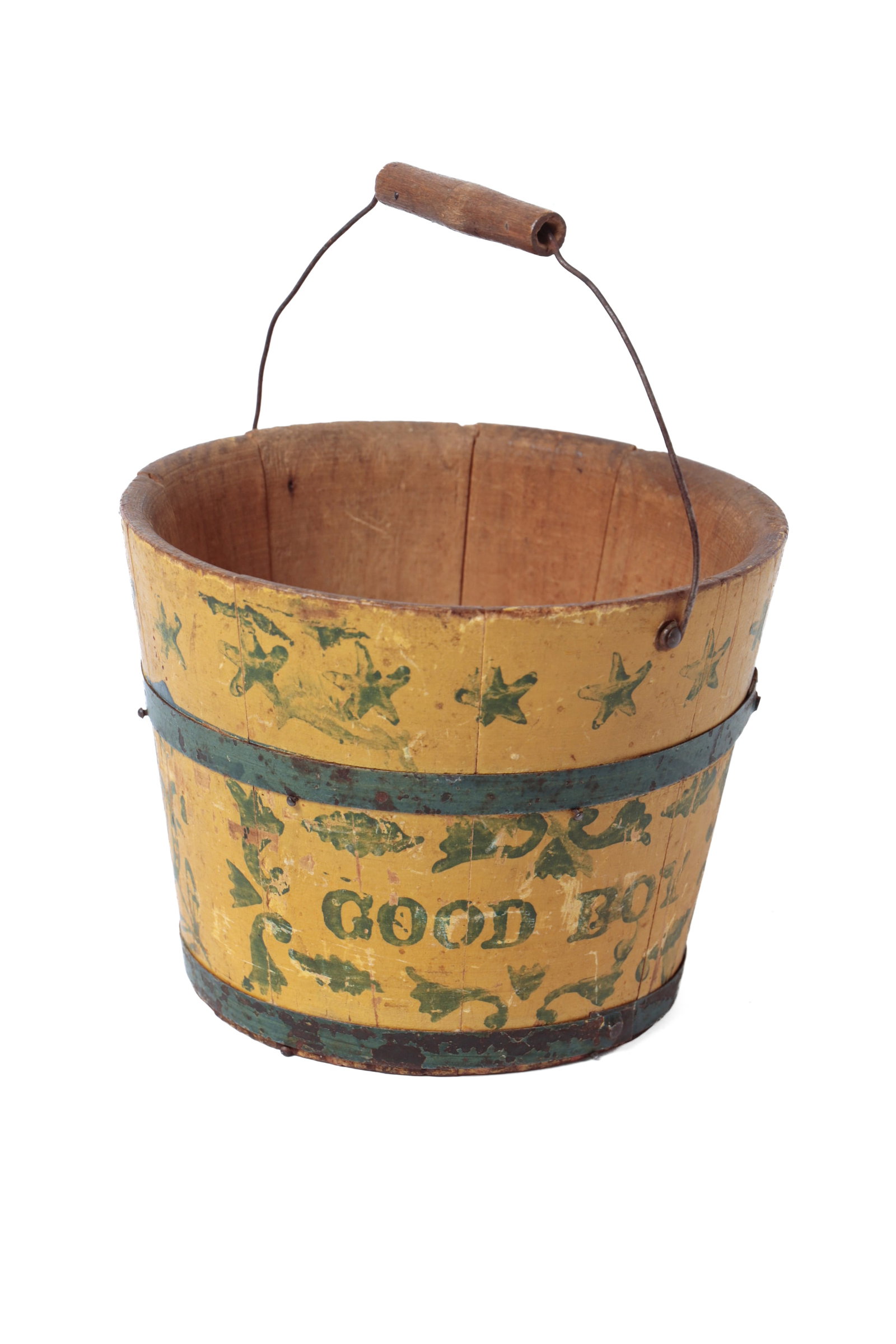 MINIATURE PAINTED AND STENCILED "GOOD BOY" PAIL.: MINIATURE PAINTED AND STENCILED "GOOD BOY" PAIL. American, 19th Century. Pine. Stave-constructed. Painted steel bands, wire bale handle, original yellow paint and blue stars, flags, shields, lyres, an