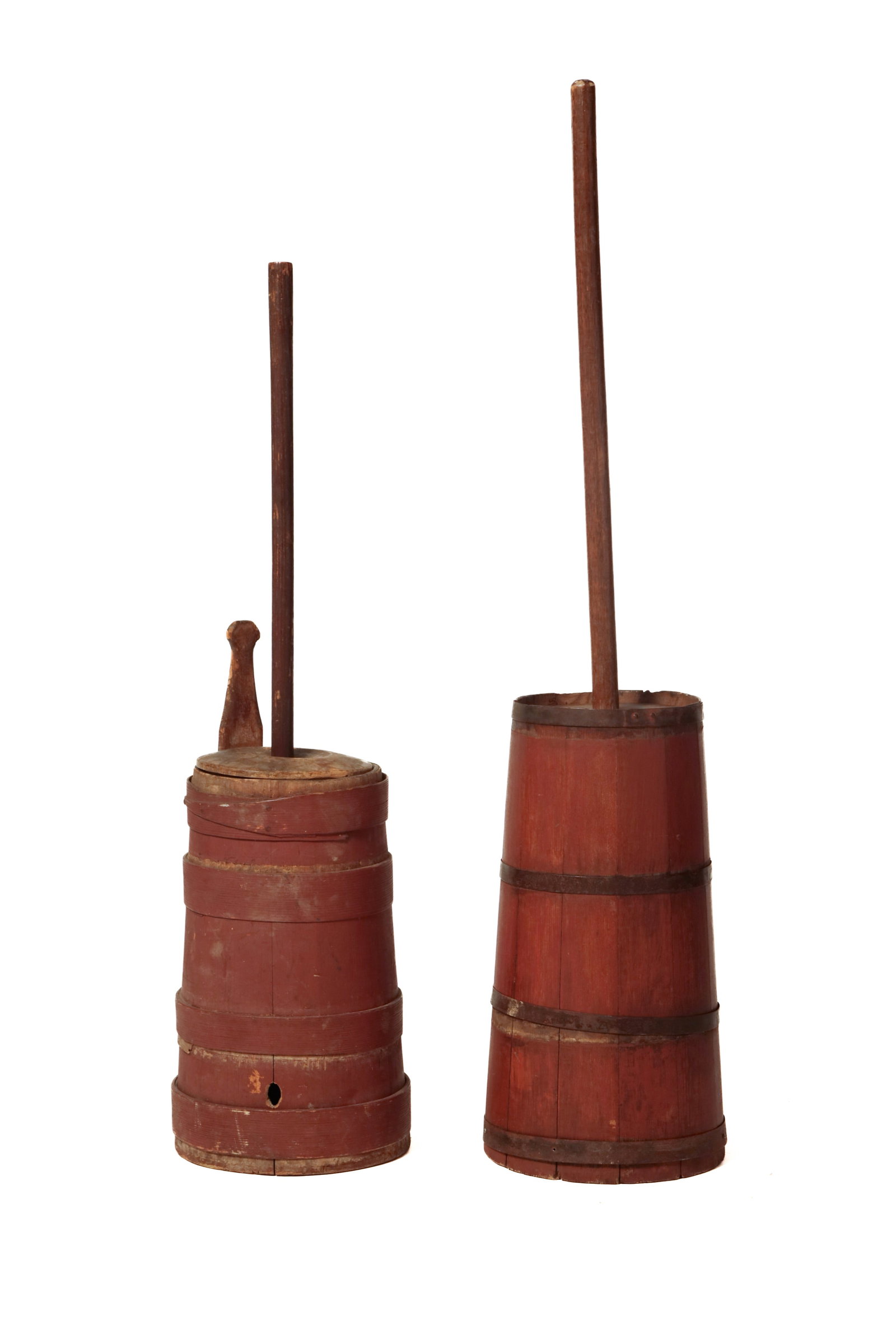 TWO STAVE-CONSTRUCTED BUTTER CHURNS WITH ORIGINAL PAINT. (1 of 4)