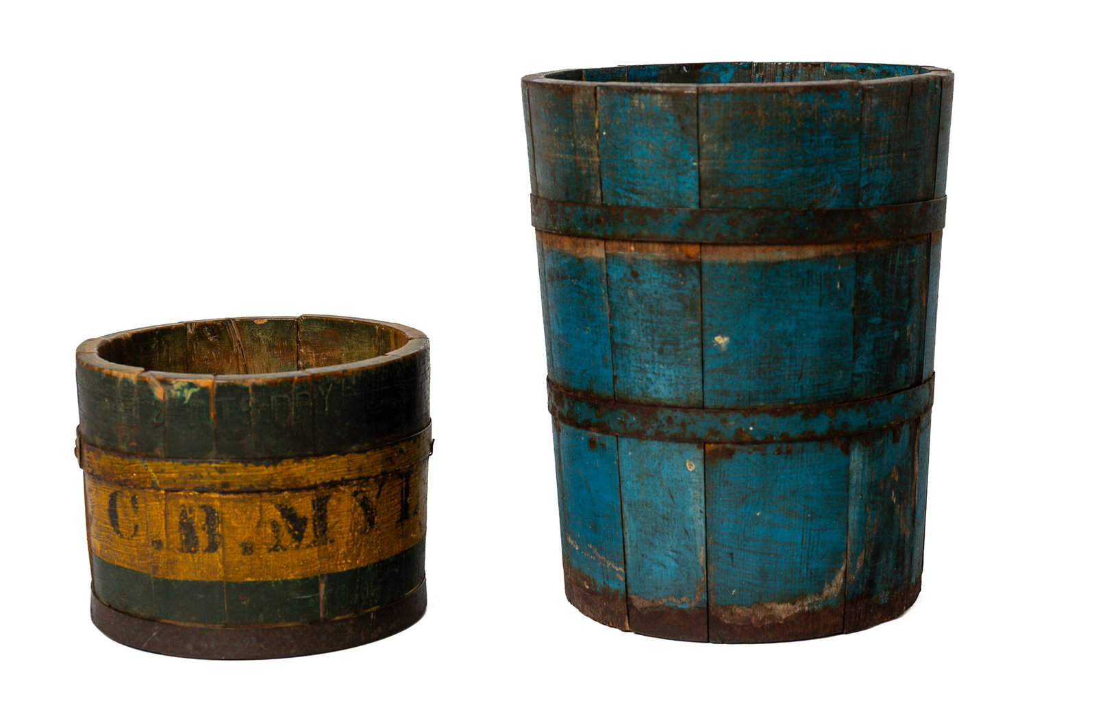 TWO PAINTED DRY MEASURES.: TWO PAINTED DRY MEASURES. American, 19th Century. The larger in blue paint, stave constructed with metal bands, 10.75"h. and the second in green paint with yellow band, stave constructed with painted