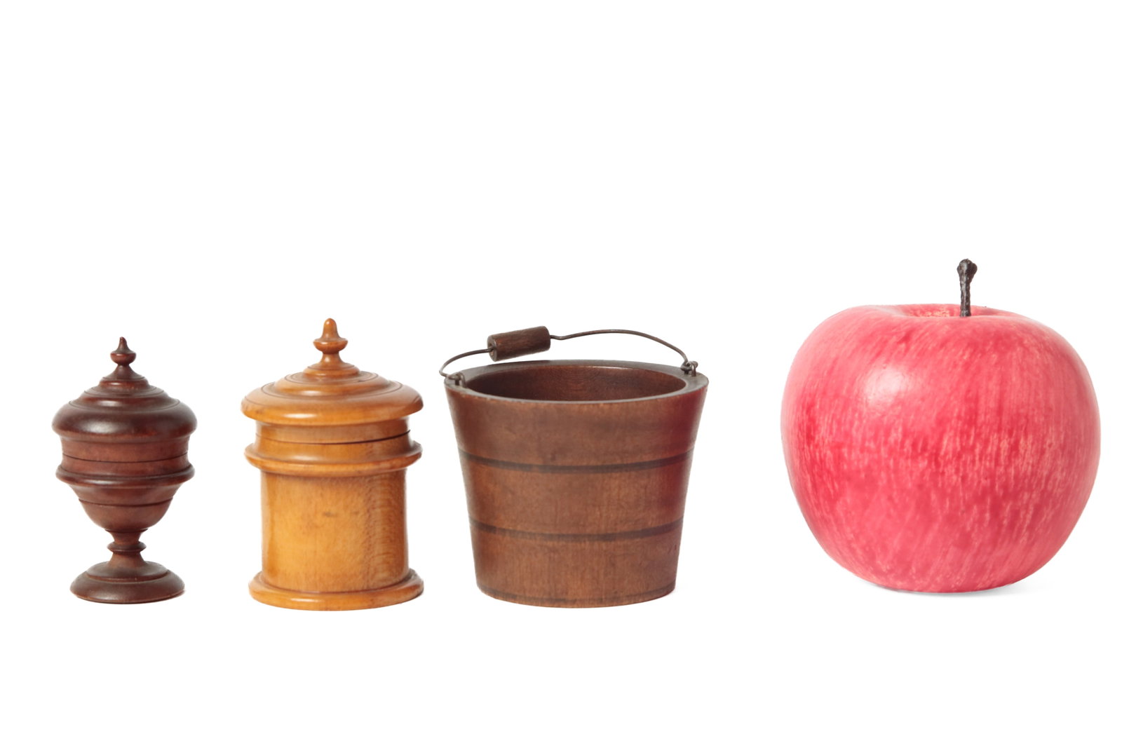 THREE DIMINUTIVE PEASEWARE CONTAINERS, INCL. BUCKET.: THREE DIMINUTIVE PEASEWARE CONTAINERS, INCL. BUCKET. American (Ohio), 19th Century. A footed container with round base, urn-shaped body, lid with an urn finial, and in a dark finish, 2.5"h., a cylindr