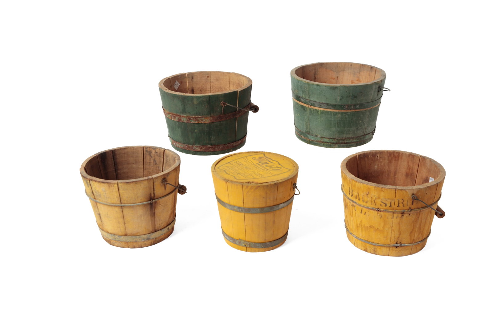 FIVE STAVE-CONSTRUCTED PAILS IN ORIGINAL PAINT.: FIVE STAVE-CONSTRUCTED PAILS IN ORIGINAL PAINT. American, late 19th or early 20th Century. Three in yellow paint, one with a stenciled lid for whole preserved Louisiana strawberries, 6.5"h., one with