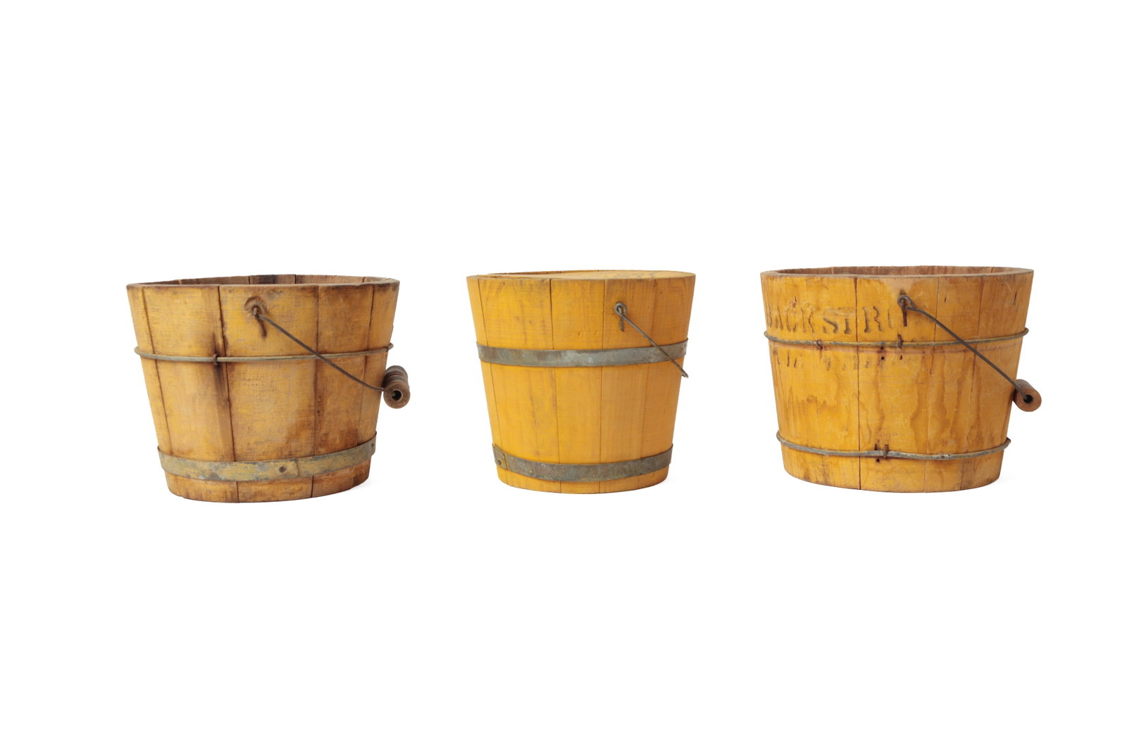 FIVE STAVE-CONSTRUCTED PAILS IN ORIGINAL PAINT. - 3
