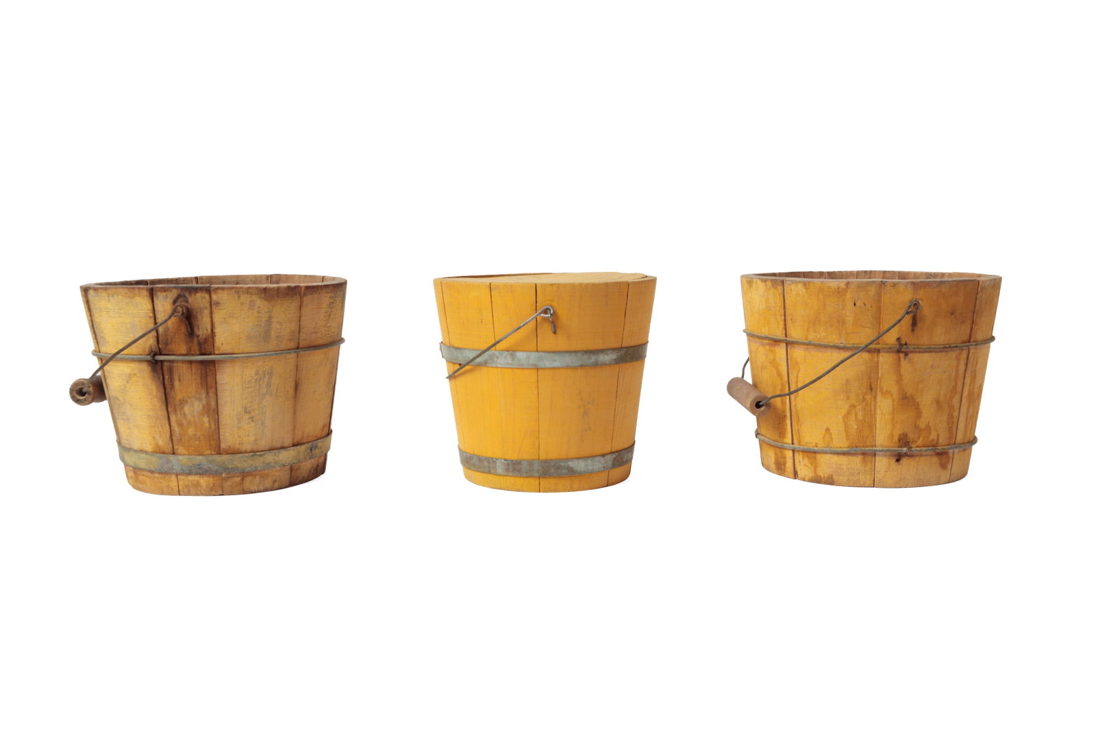 FIVE STAVE-CONSTRUCTED PAILS IN ORIGINAL PAINT. - 5