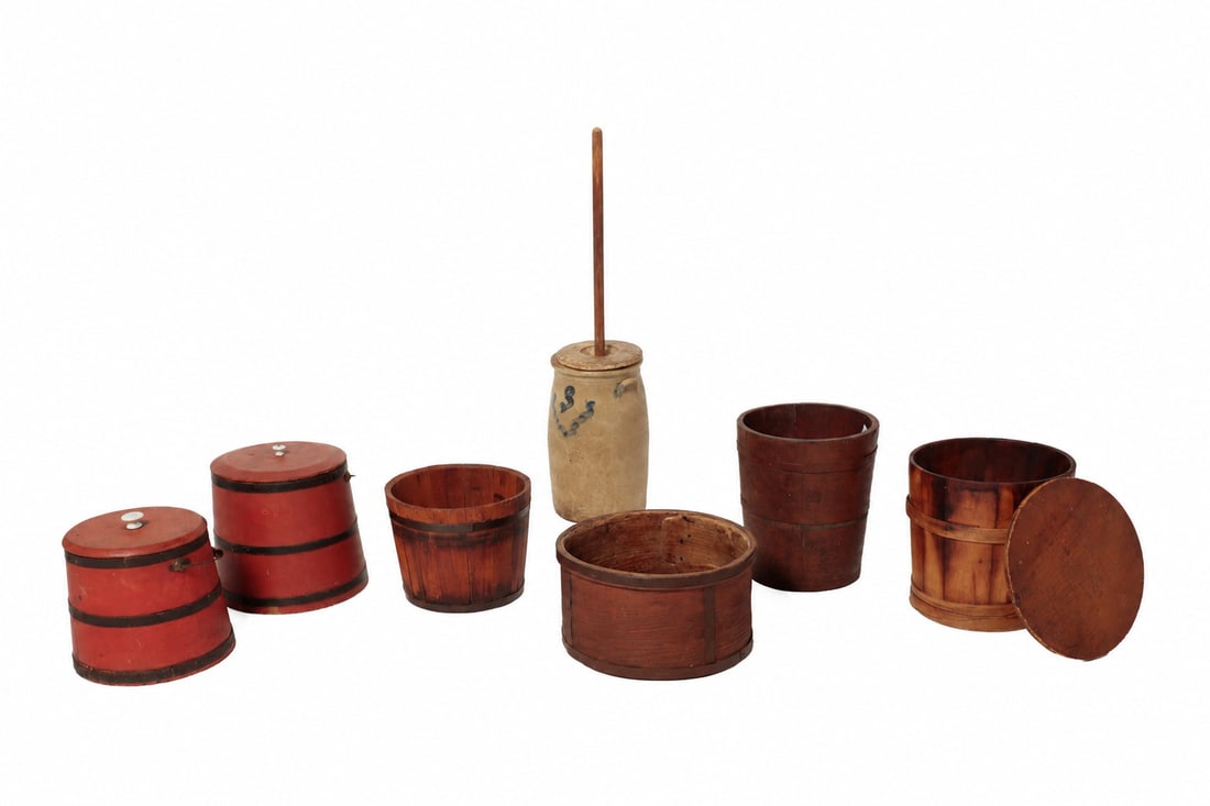 SIX WOOD ITEMS AND A STONEWARE BUTTER CHURN. (1 of 20)