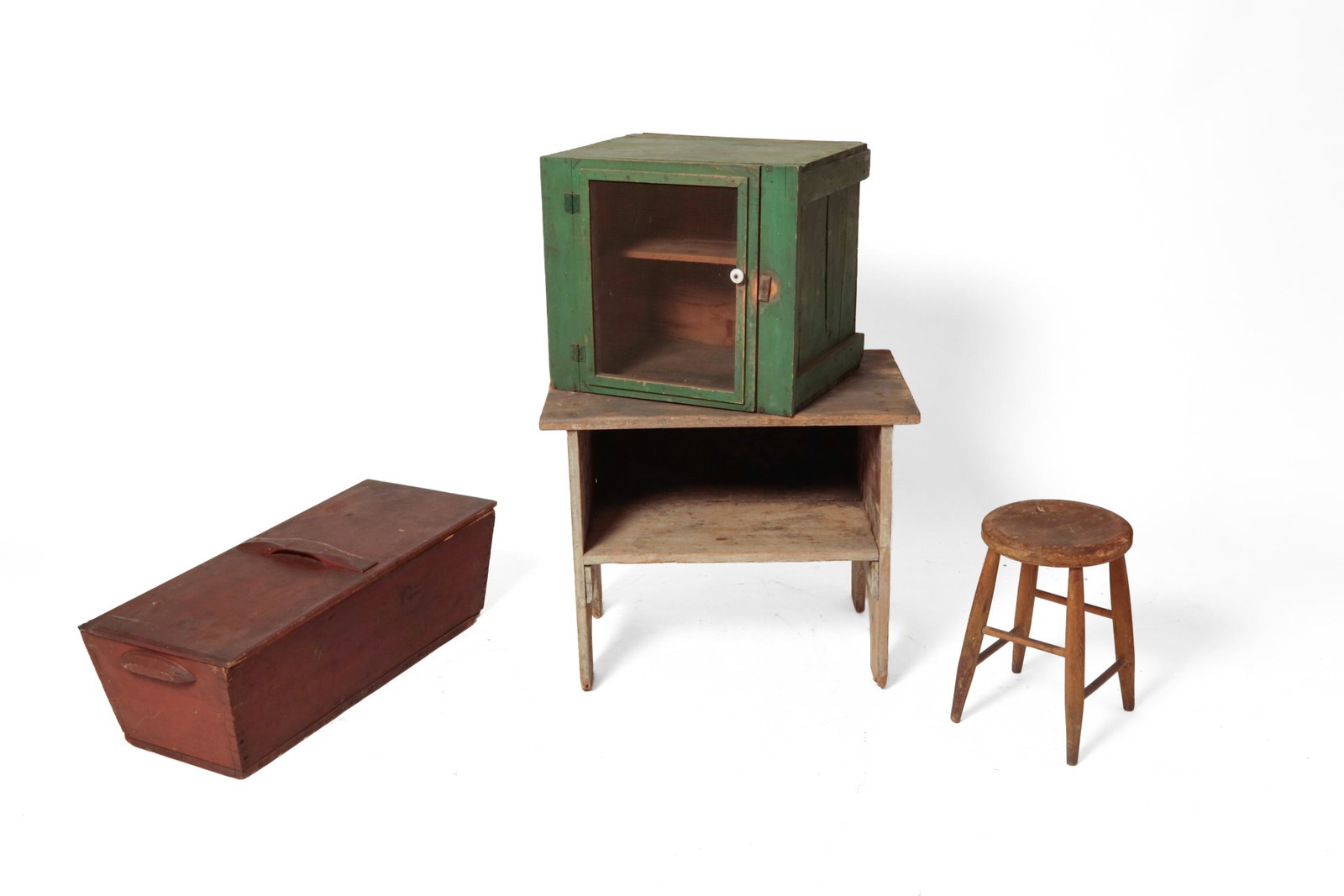 LIDDED DOUGH BOX, DIMINUTIVE FOOD SAFE, PORCH TABLE, AND STOOL IN ORIGINAL PAINT. (1 of 8)