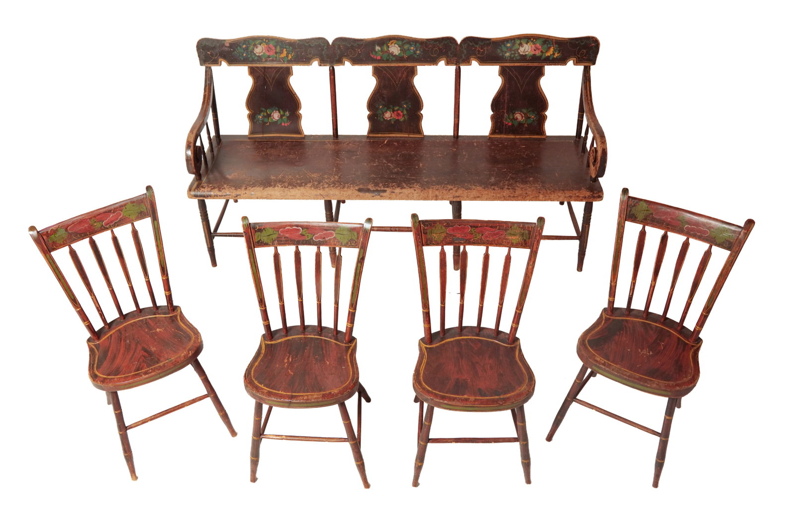 FOUR ARROWBACK CHAIRS AND A SETTLE BENCH WITH ORIGINAL PAINT AND DECORATION. (1 of 10)