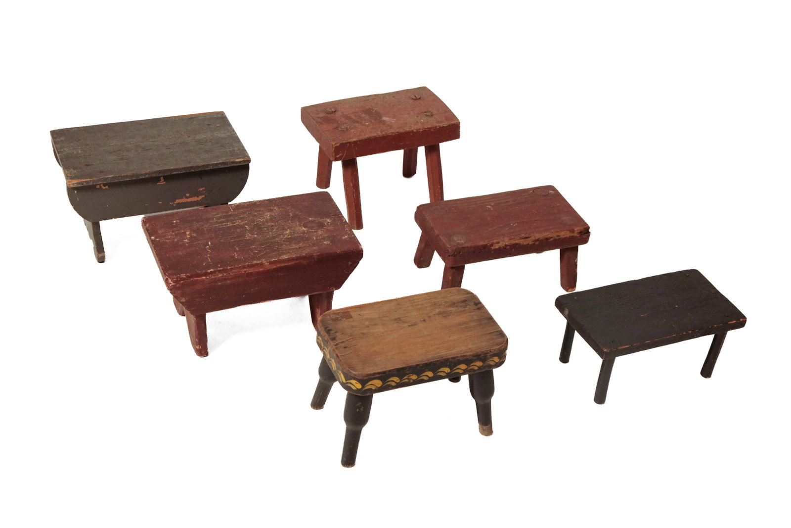 SIX WOOD FOOTSTOOLS, MOST WITH ORIGINAL PAINT. (1 of 6)