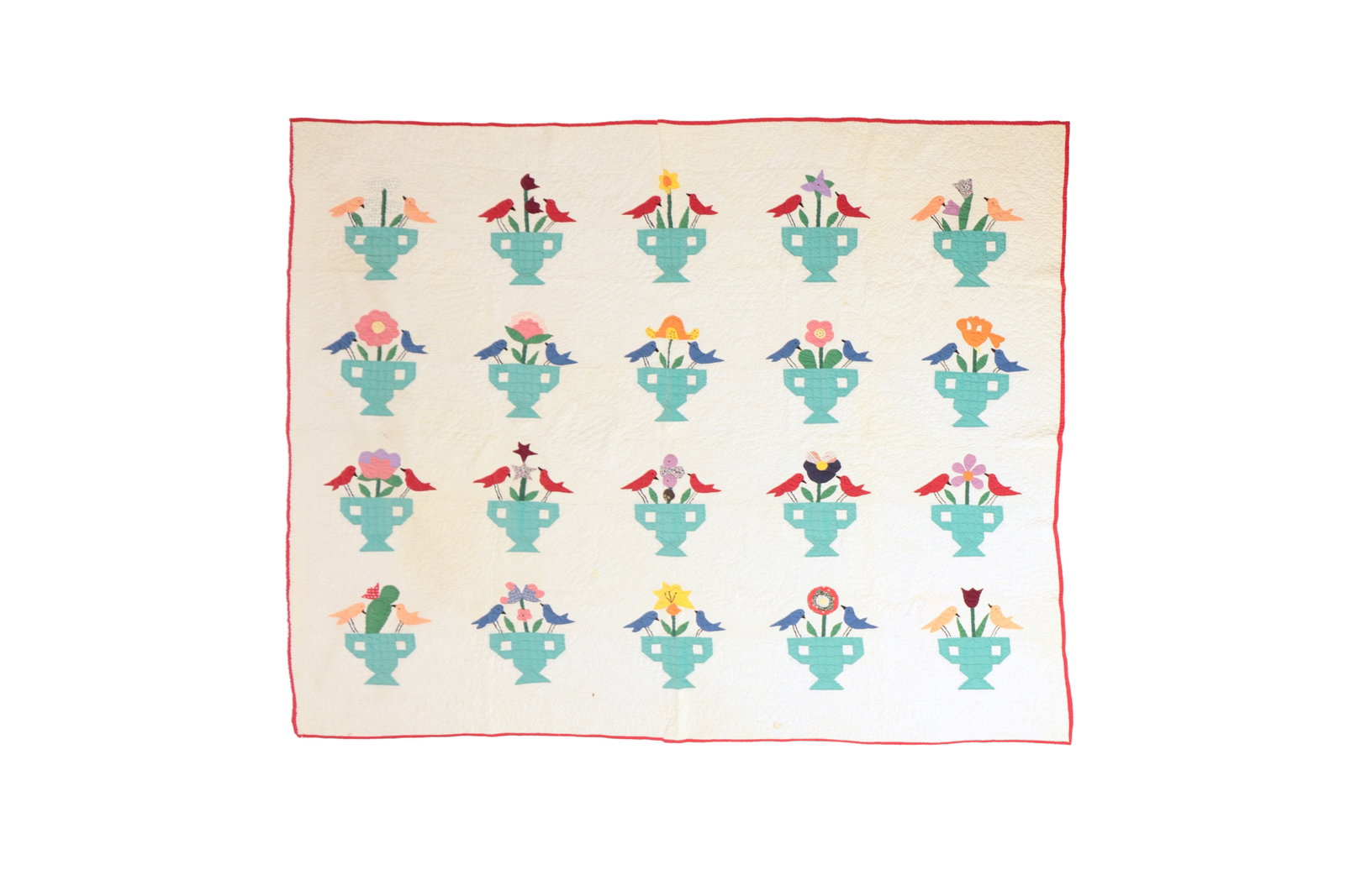 APPLIQUE BASKETS AND BIRDS COTTON QUILT.: APPLIQUE BASKETS AND BIRDS COTTON QUILT. American, early 20th Century. Hand-stitched. A white quilted ground, with blue baskets each filled with flowers and two birds, and red edge binding. 92"w.