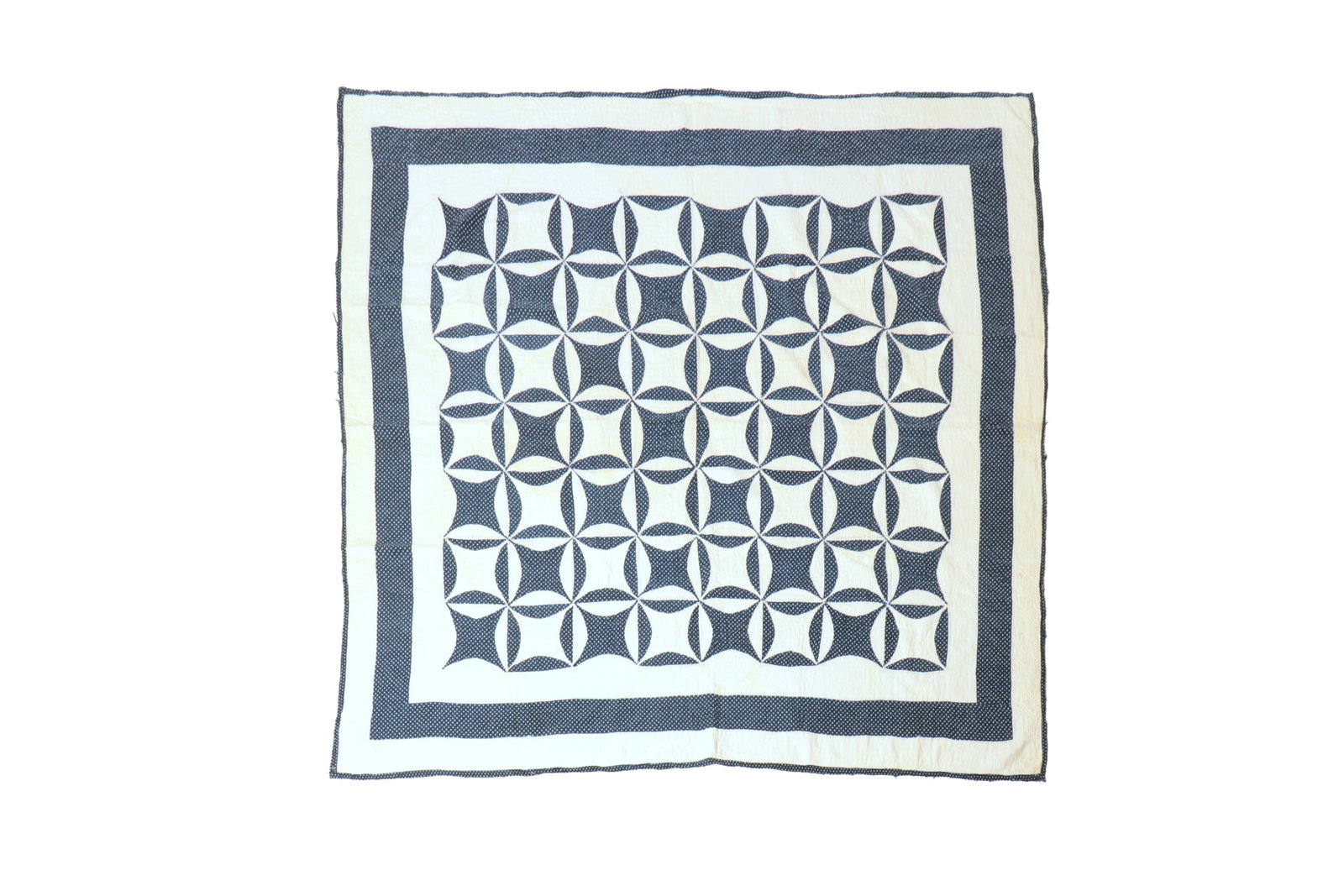 PIECED COTTON QUILT IN "ROB PETER TO PAY PAUL" PATTERN.: PIECED COTTON QUILT IN "ROB PETER TO PAY PAUL" PATTERN. American, 19th Century. Hand-stitched. Summer quilt in traditional pattern of overlapping circles with blue printed and white fabrics, blue