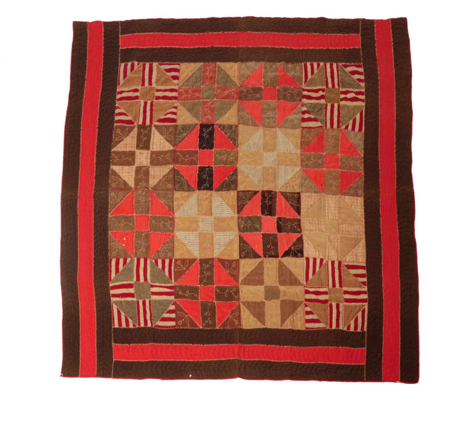 DOUBLE-SIDED WOOL PIECED QUILT, SIGNED LOTTY GORDNER.: DOUBLE-SIDED WOOL PIECED QUILT, SIGNED LOTTY GORDNER. American, early 20th Century. Hand-stitched. One side in various colors of wool fabrics pieced in blocks of squares and triangles, with