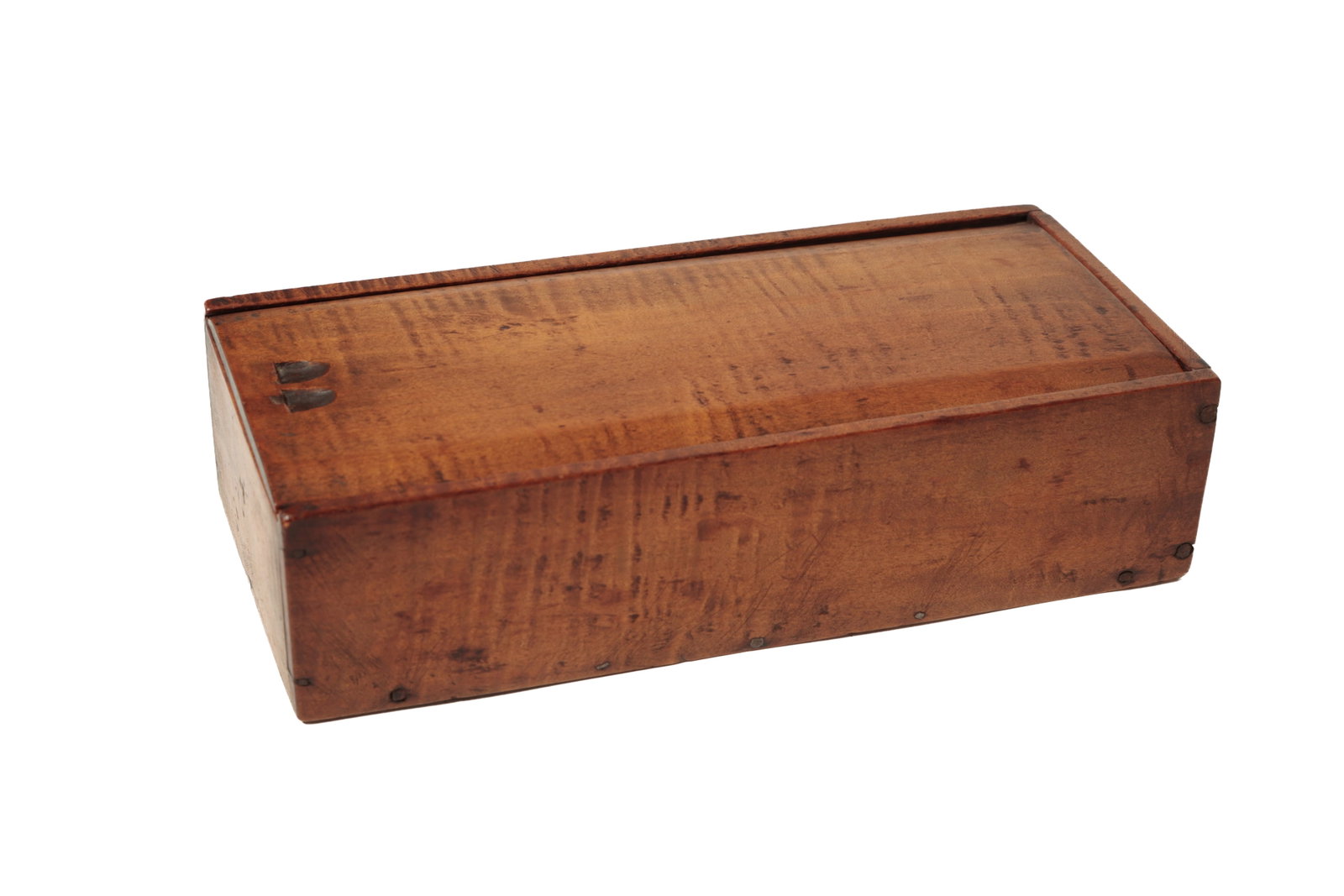 OHIO TIGER MAPLE SLIDE-LID BOX.: OHIO TIGER MAPLE SLIDE-LID BOX. American, 19th Century. Pine secondary. With two finger notches on canted lid, square nail construction, the interior scored for dividers, and smooth original finish.