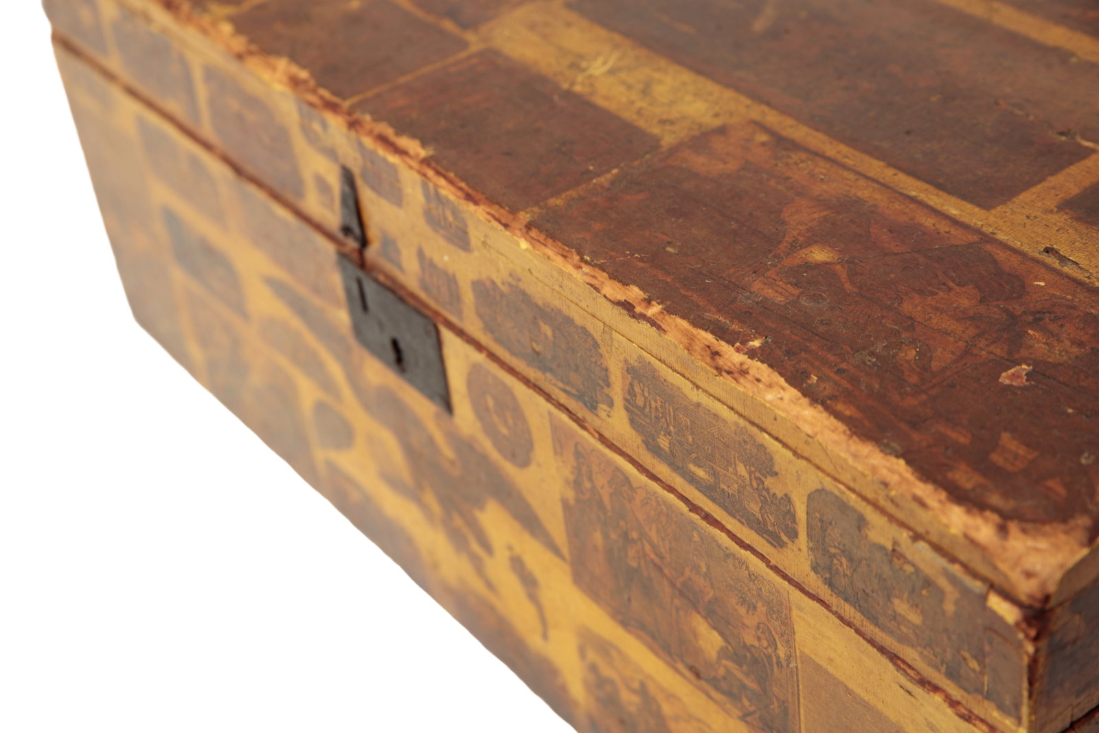 MUSTARD-PAINTED DOCUMENT BOX WITH DECOUPAGED DECALS. - 10