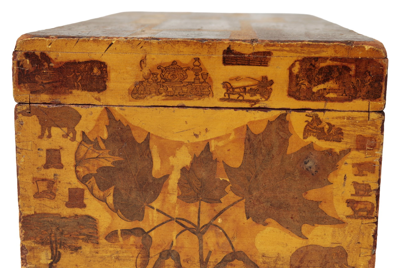 MUSTARD-PAINTED DOCUMENT BOX WITH DECOUPAGED DECALS. - 11