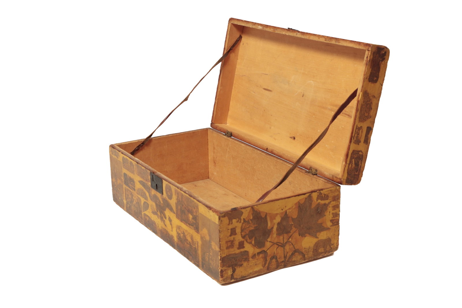 MUSTARD-PAINTED DOCUMENT BOX WITH DECOUPAGED DECALS.: MUSTARD-PAINTED DOCUMENT BOX WITH DECOUPAGED DECALS. American, early to mid- 19th Century. Pine. Having various images of steamships, domestic scenes, agrarian scenes, among others, decoupaged on a