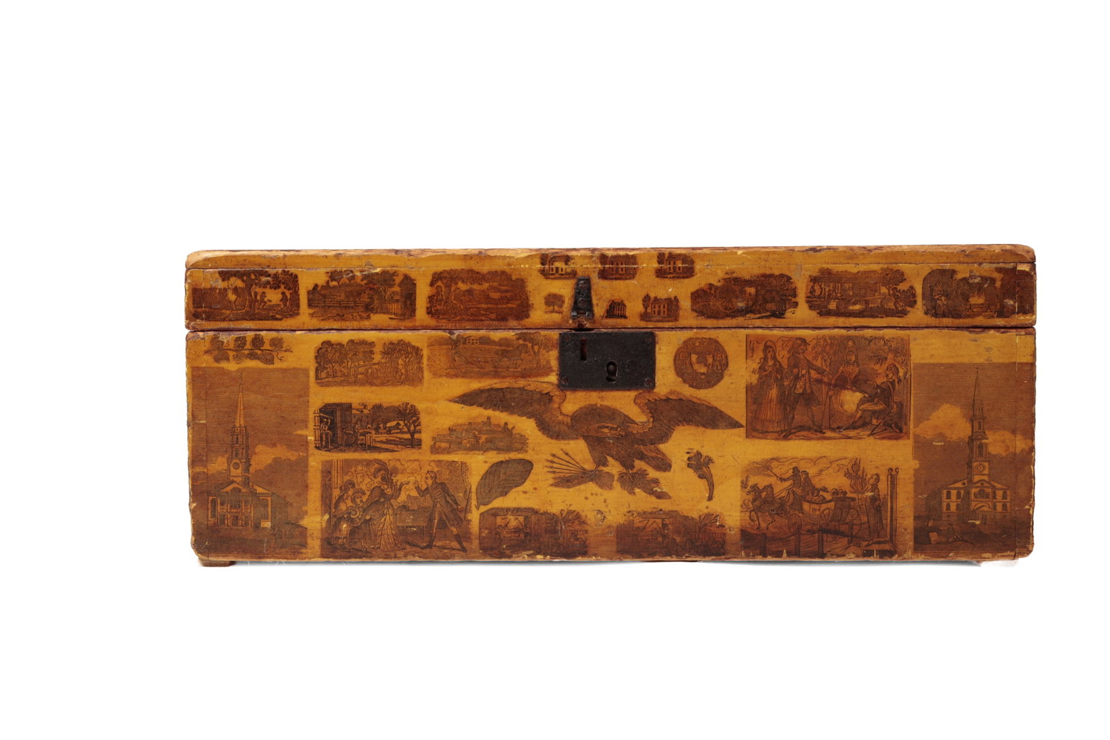MUSTARD-PAINTED DOCUMENT BOX WITH DECOUPAGED DECALS. - 2