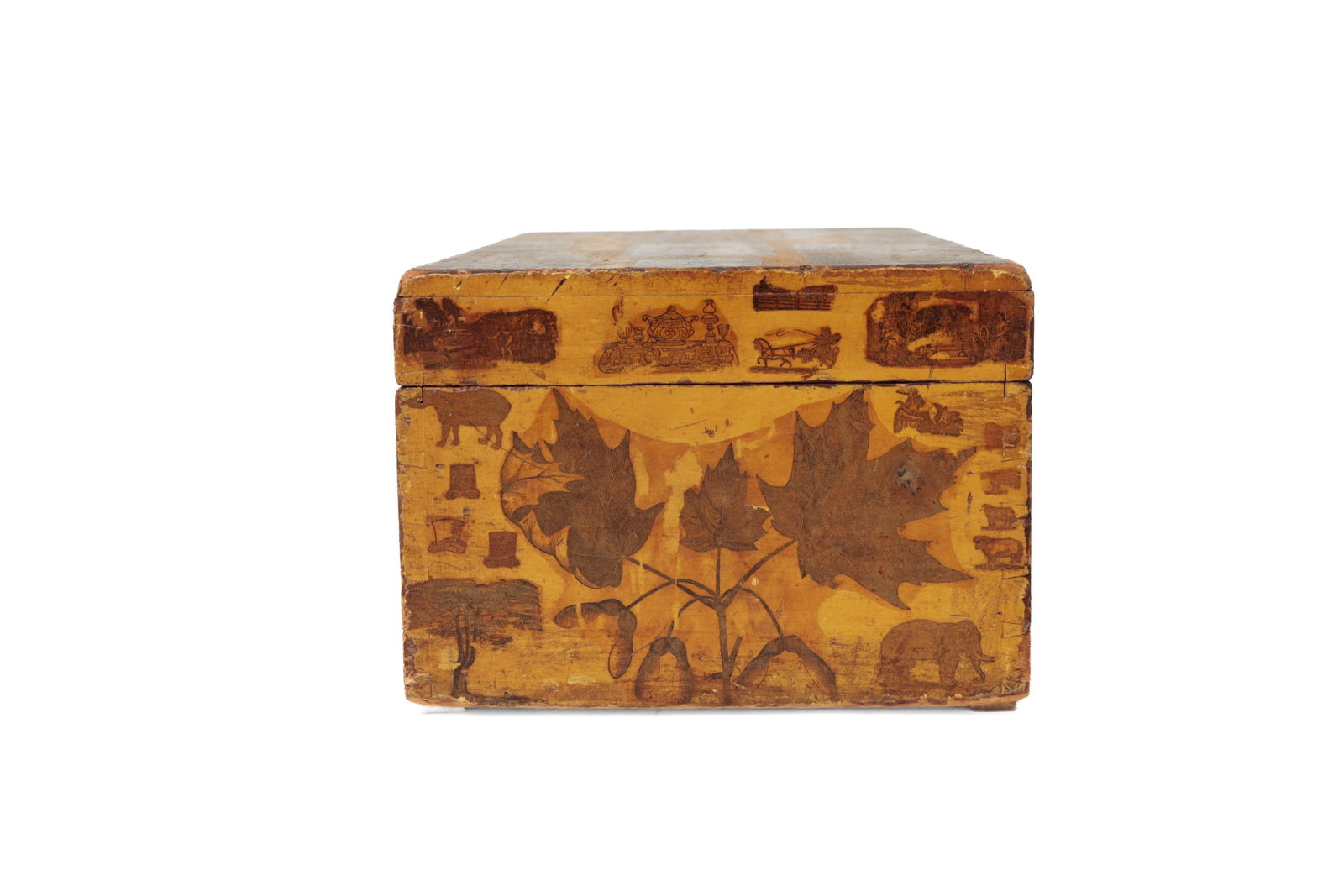 MUSTARD-PAINTED DOCUMENT BOX WITH DECOUPAGED DECALS. - 3