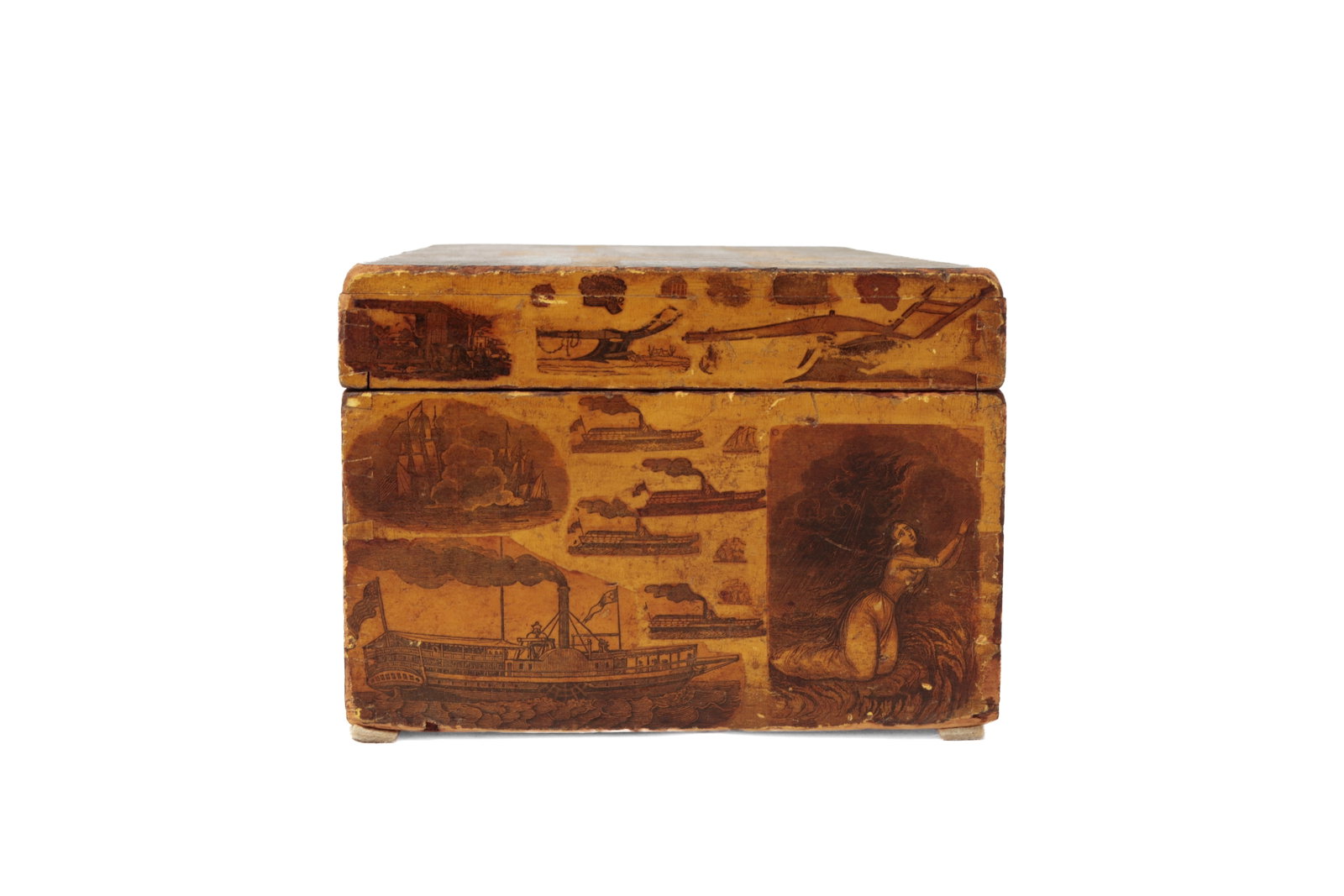 MUSTARD-PAINTED DOCUMENT BOX WITH DECOUPAGED DECALS. - 5