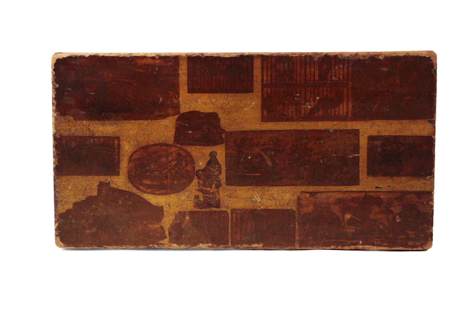 MUSTARD-PAINTED DOCUMENT BOX WITH DECOUPAGED DECALS. - 6
